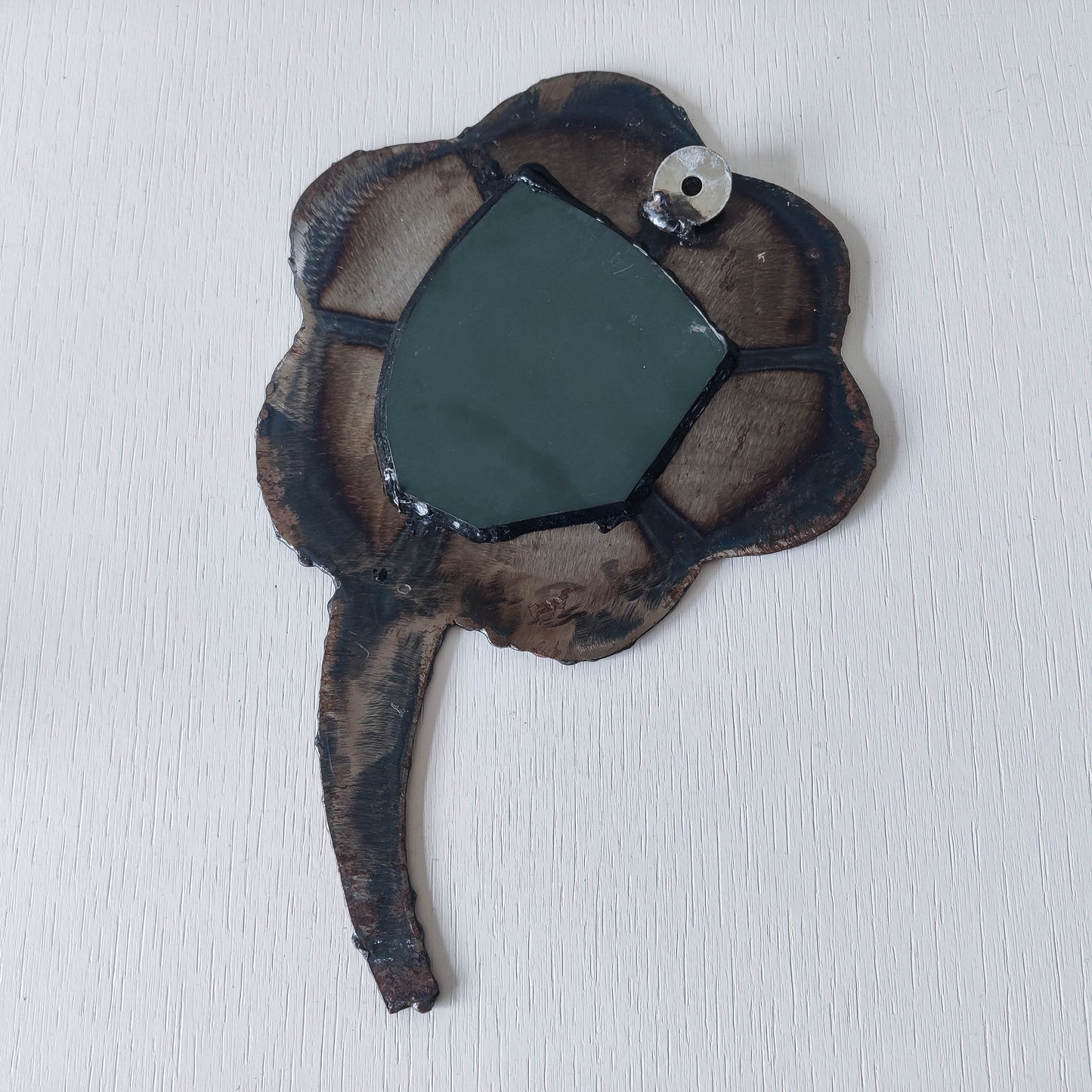 Artist made metalwork welded scorched torch cut steel naive brutalist mirror