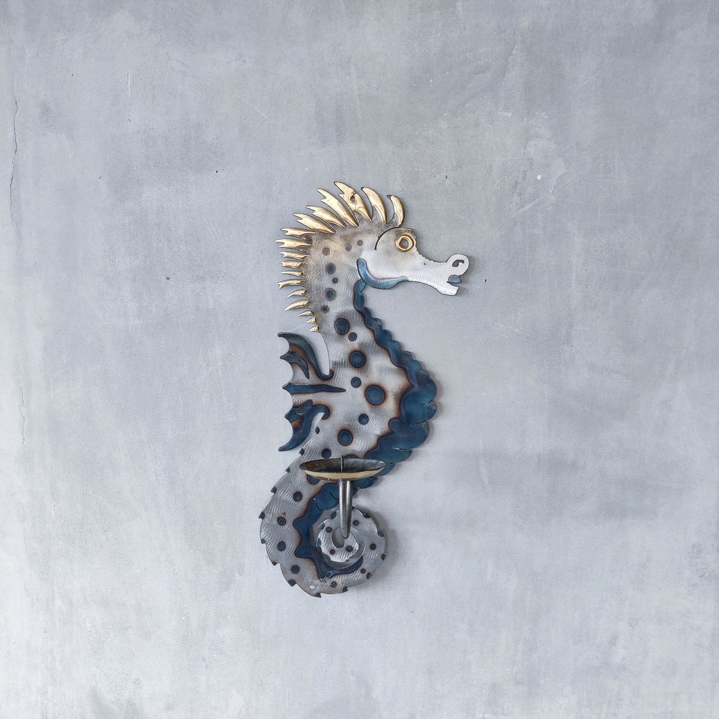 Metalwork torched steel large seahorse sculptural wall sconce candle holder