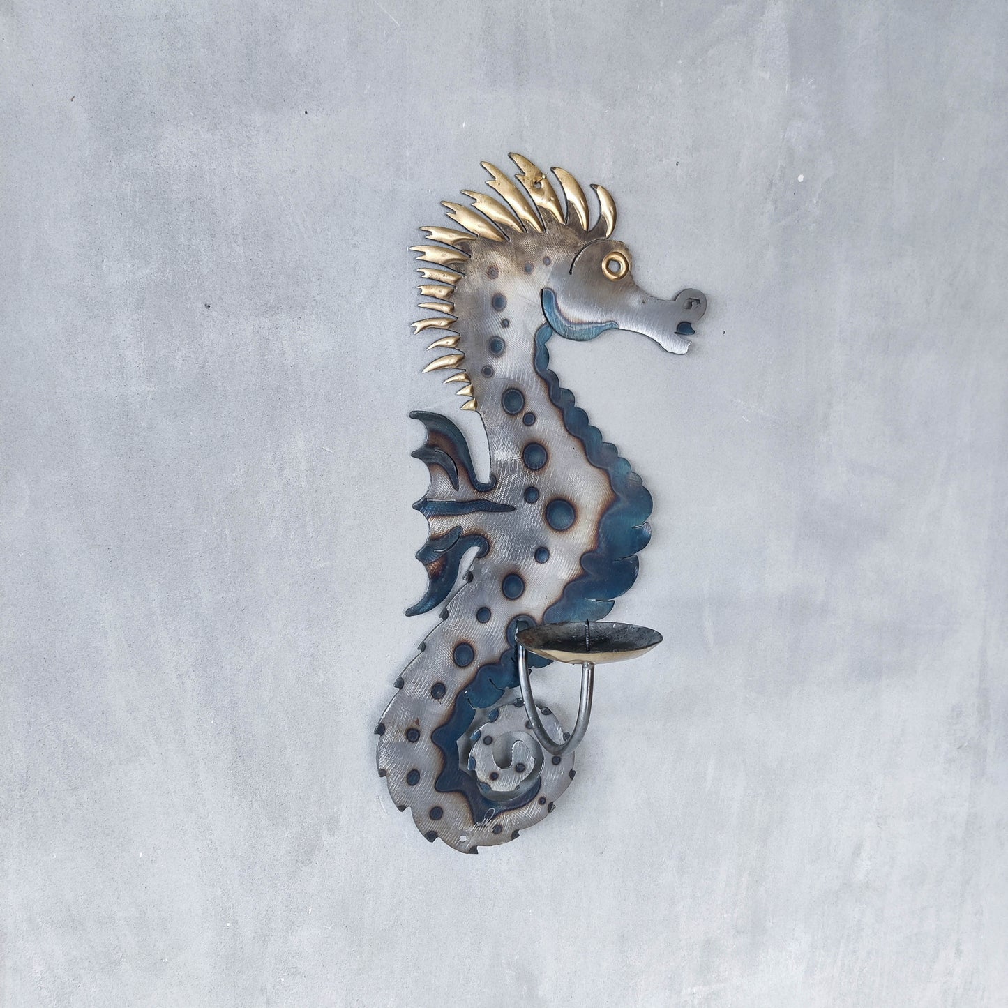 Metalwork torched steel large seahorse sculptural wall sconce candle holder