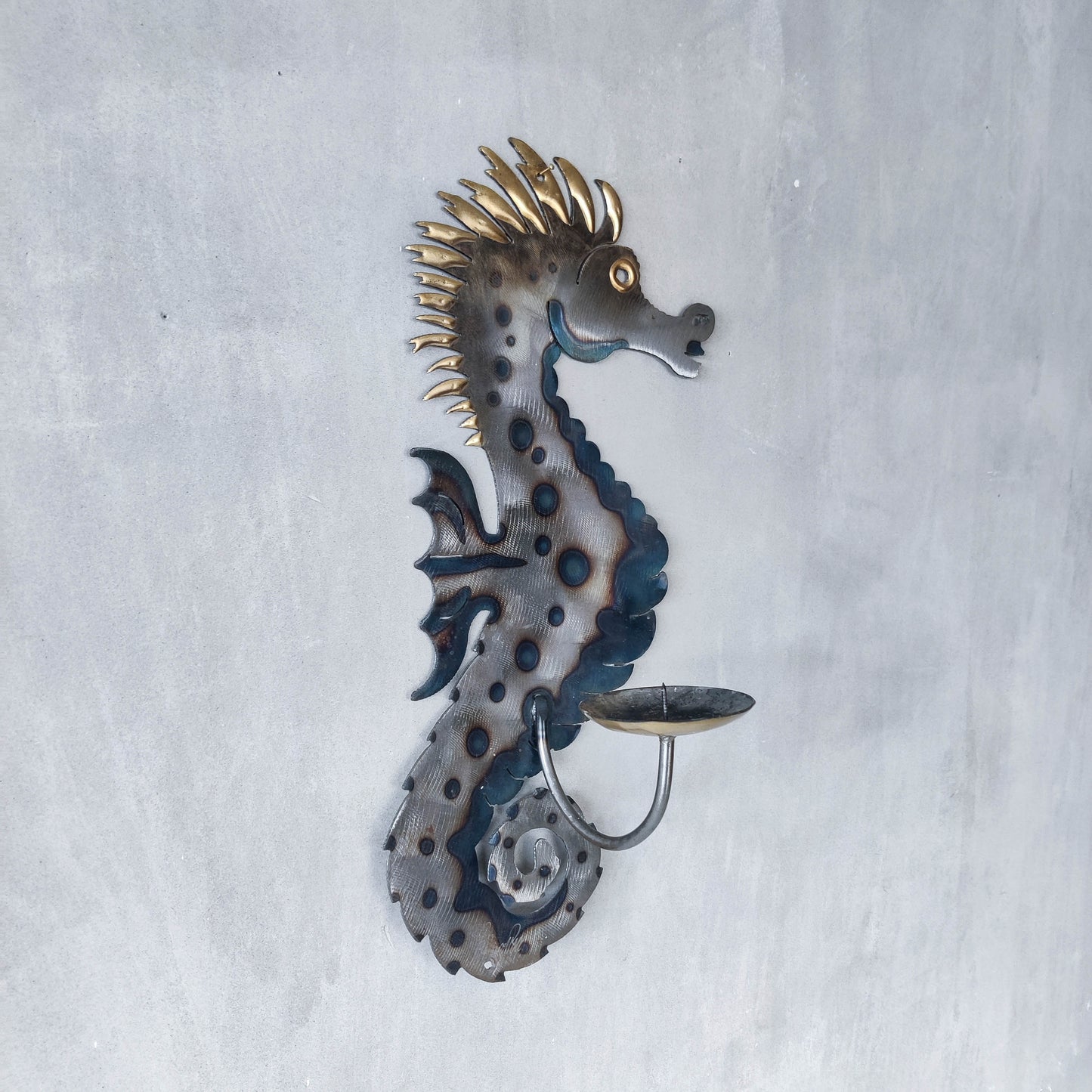 Metalwork torched steel large seahorse sculptural wall sconce candle holder