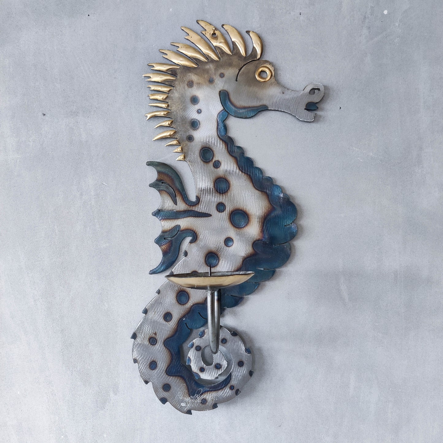 Metalwork torched steel large seahorse sculptural wall sconce candle holder