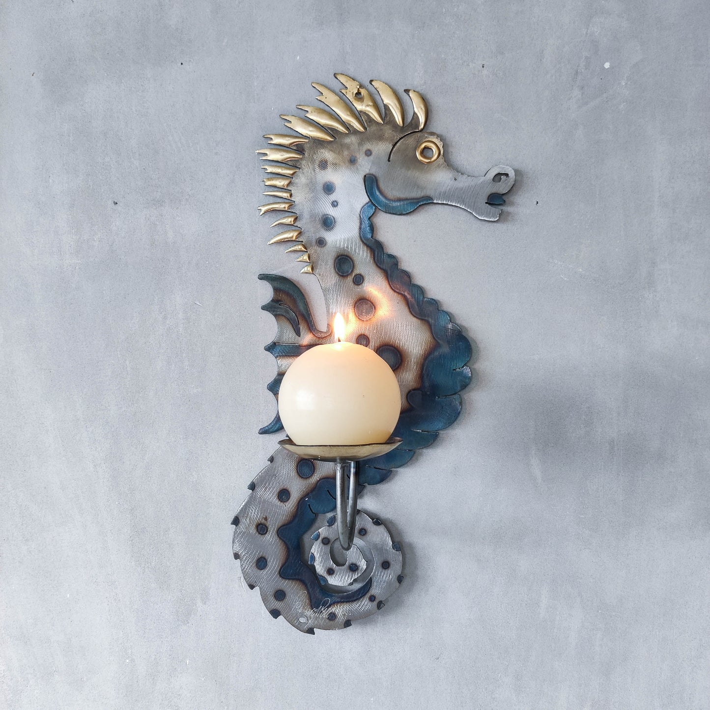 Metalwork torched steel large seahorse sculptural wall sconce candle holder
