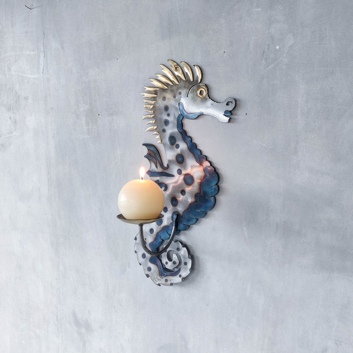 Metalwork torched steel large seahorse sculptural wall sconce candle holder