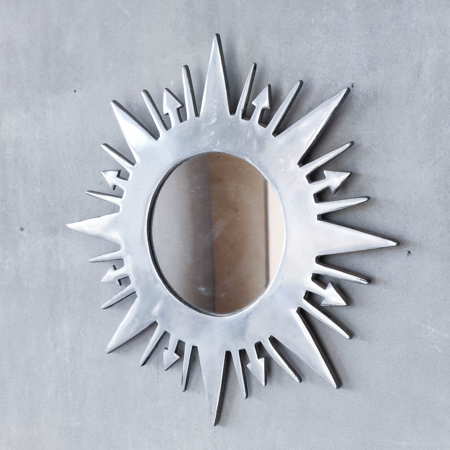 Vintage 1990s sunburst sun celestial cast aluminium silver metal wall mirror