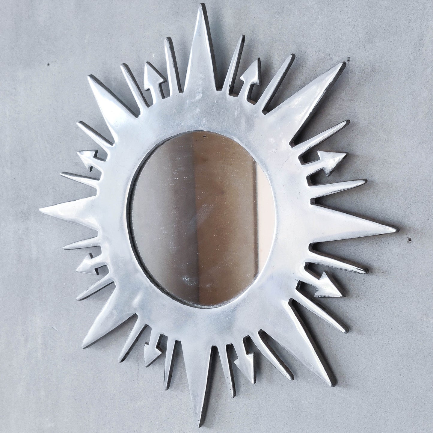 Vintage 1990s sunburst sun celestial cast aluminium silver metal wall mirror