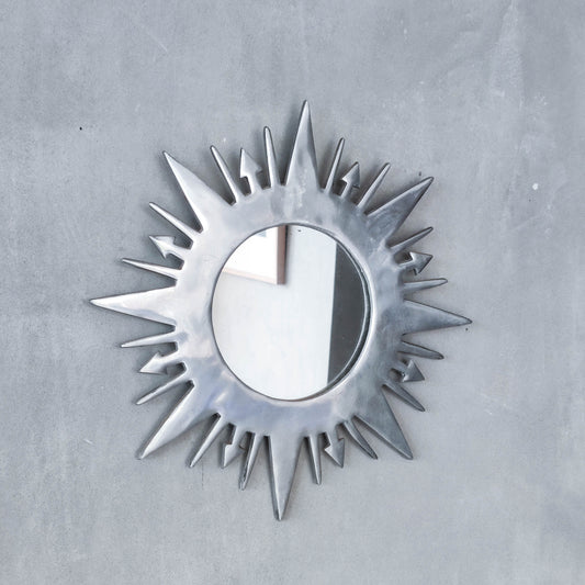 Vintage 1990s sunburst sun celestial cast aluminium silver metal wall mirror