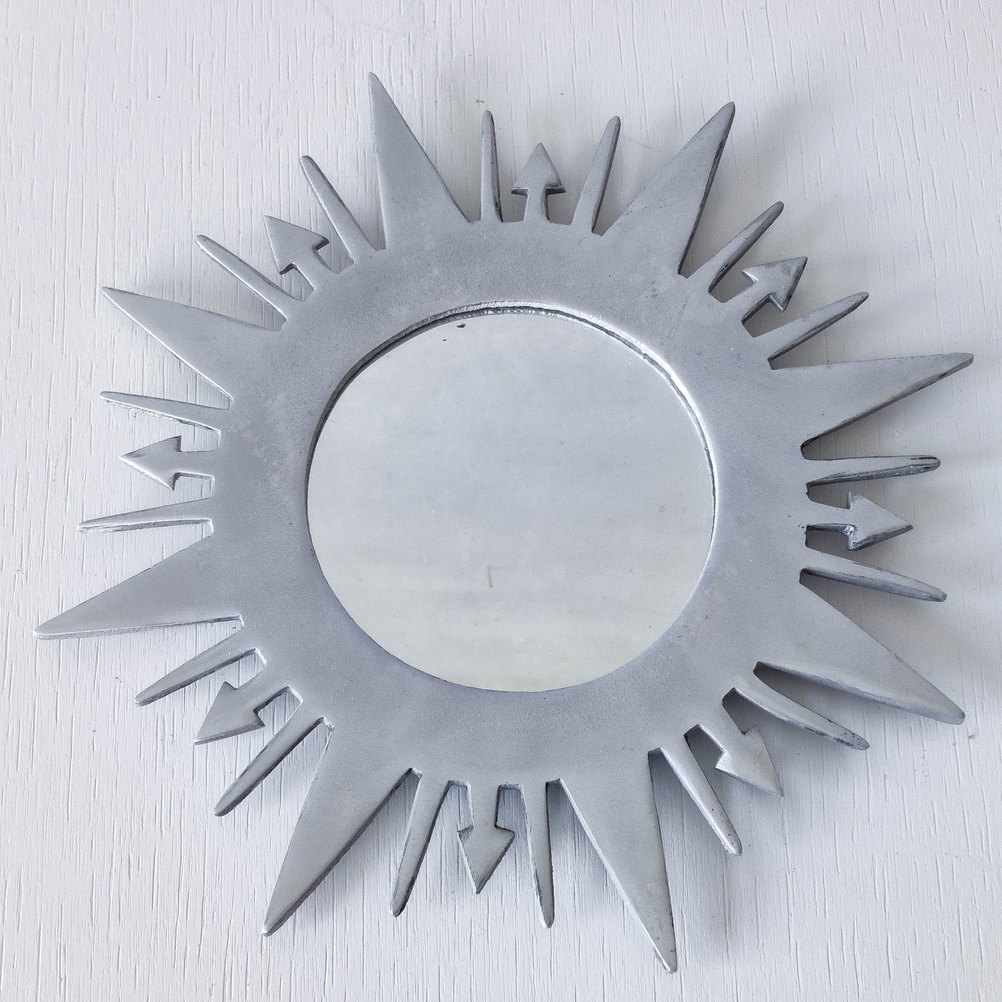 Vintage 1990s sunburst sun celestial cast aluminium silver metal wall mirror