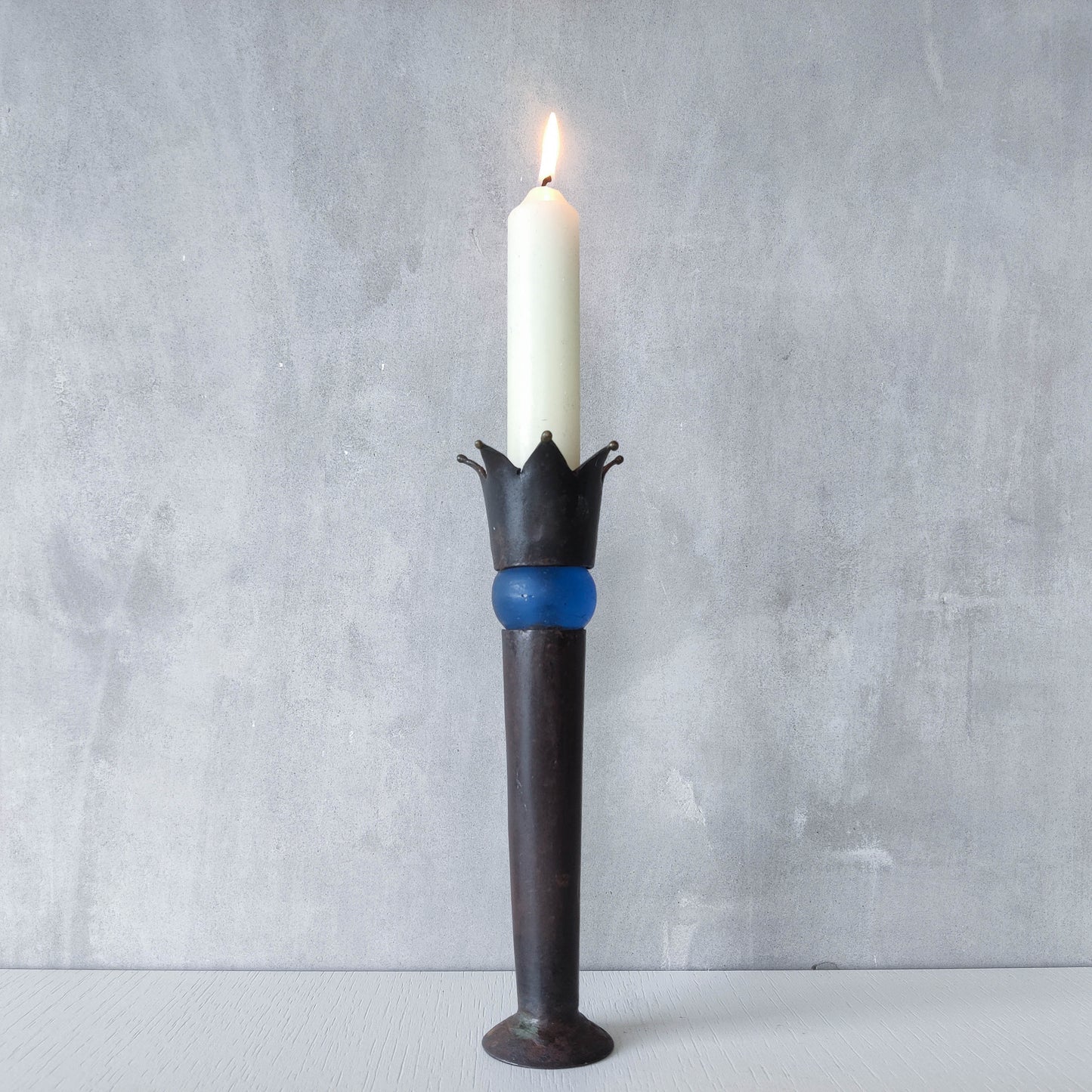 Vintage artisan made jester finial candle holder cast blue glass sphere metalwork