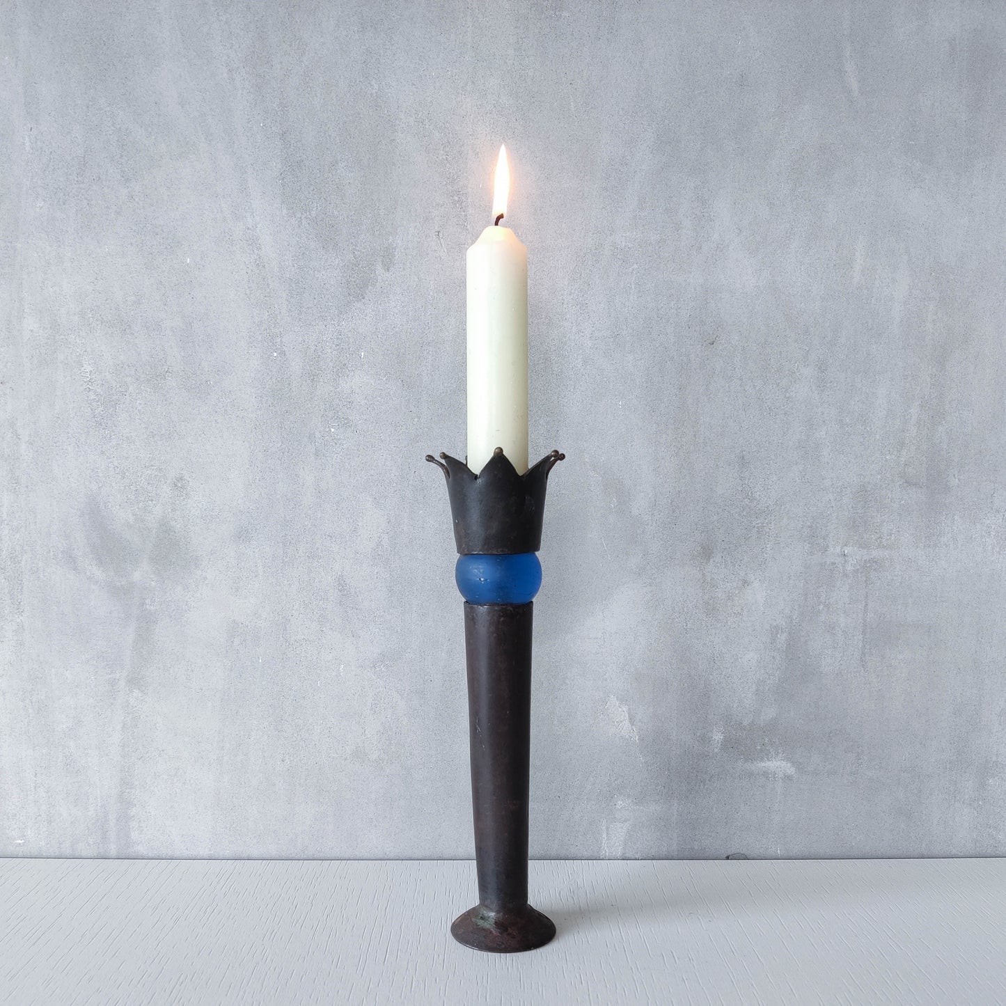 Vintage artisan made jester finial candle holder cast blue glass sphere metalwork