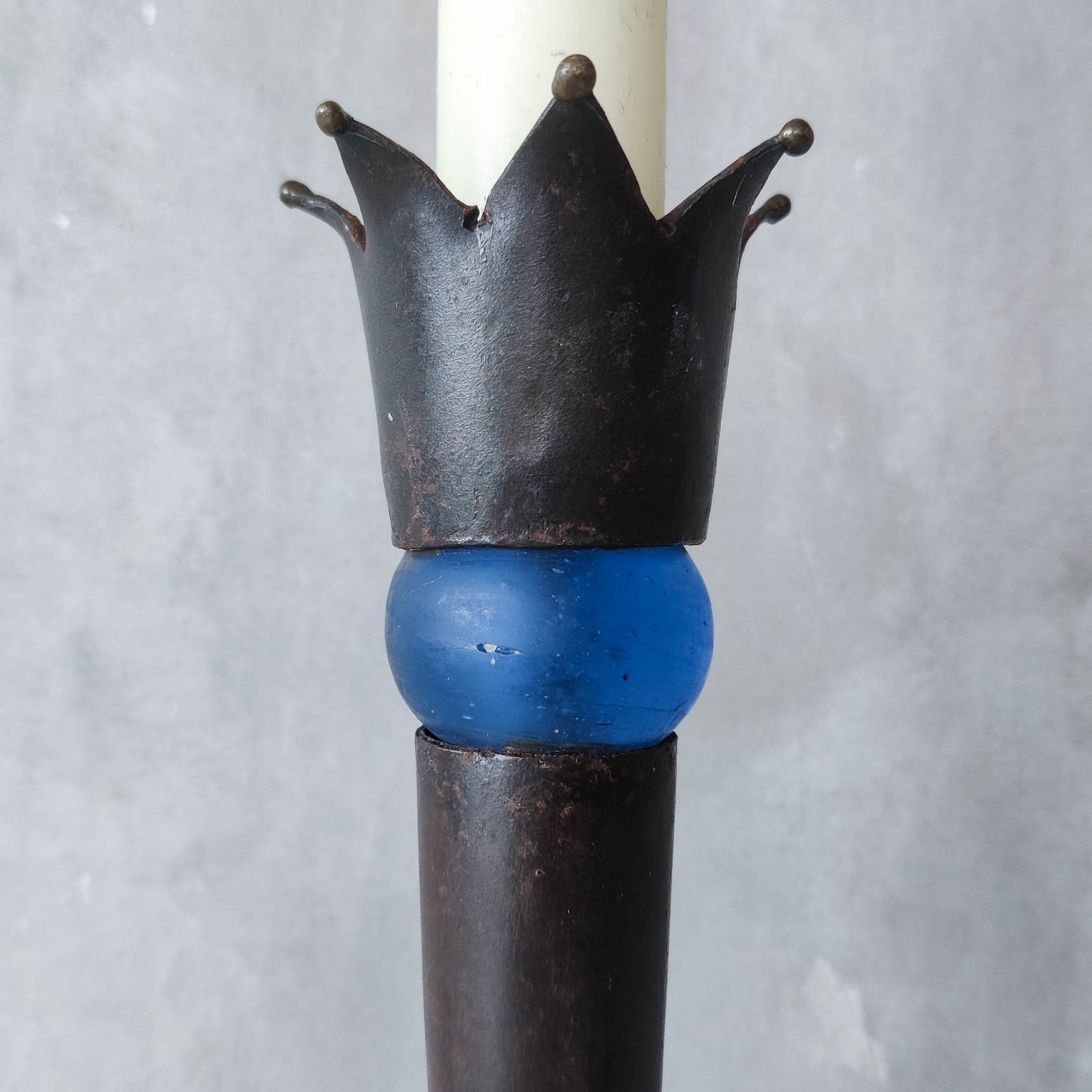 Vintage artisan made jester finial candle holder cast blue glass sphere metalwork