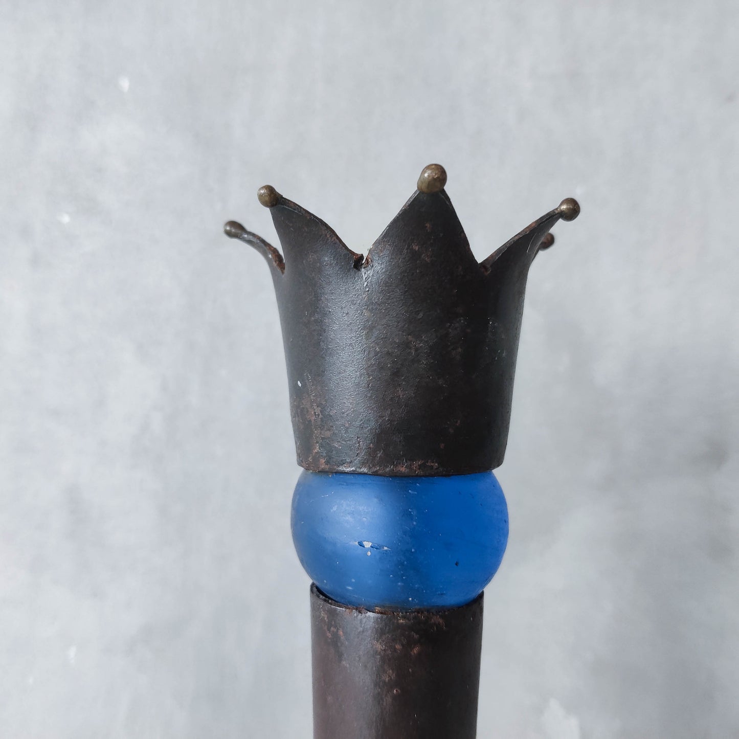 Vintage artisan made jester finial candle holder cast blue glass sphere metalwork