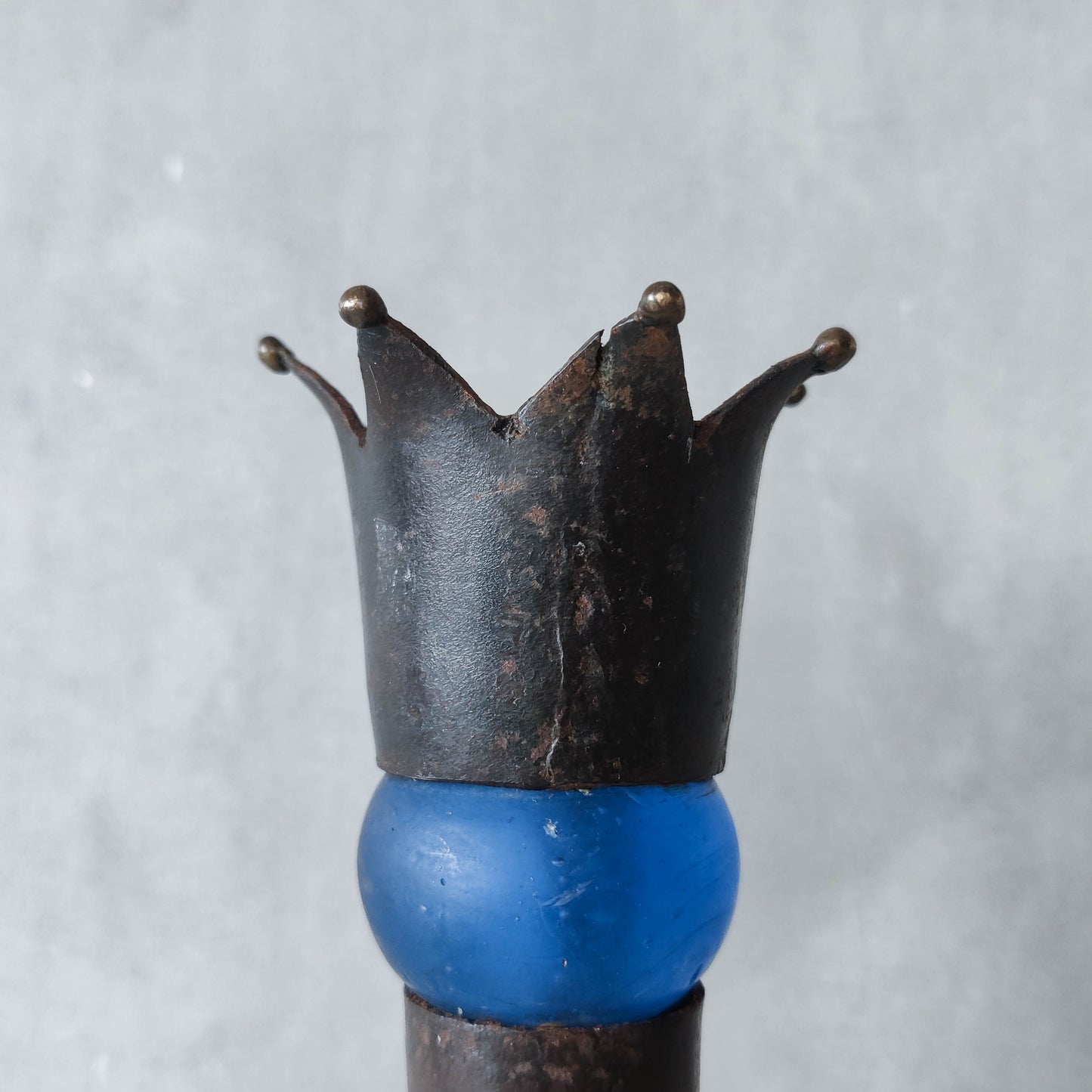 Vintage artisan made jester finial candle holder cast blue glass sphere metalwork