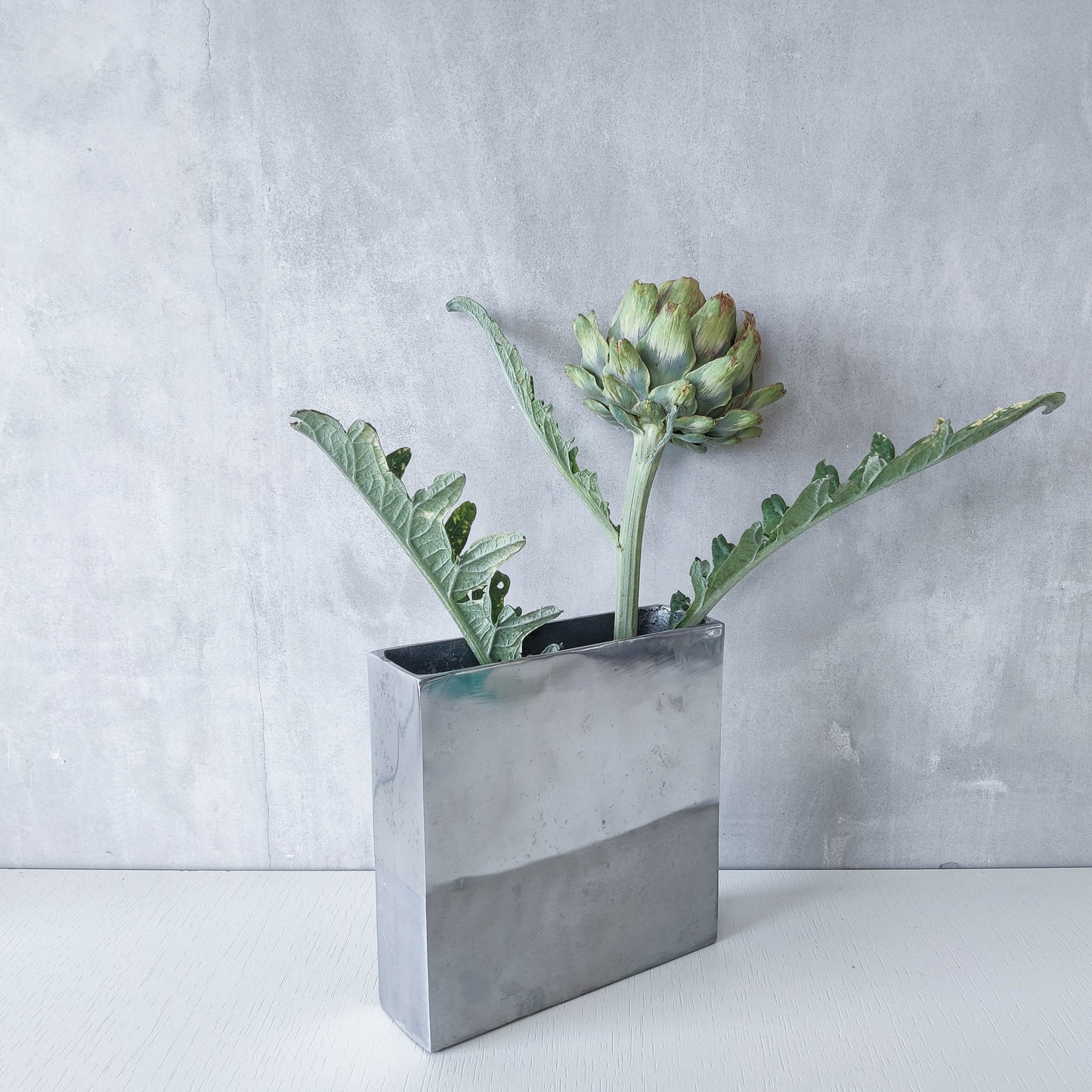 Vintage 00s modernist hand cast aluminium vase flat, sculptural silver metal