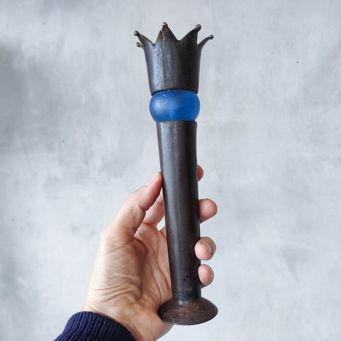 Vintage artisan made jester finial candle holder cast blue glass sphere metalwork