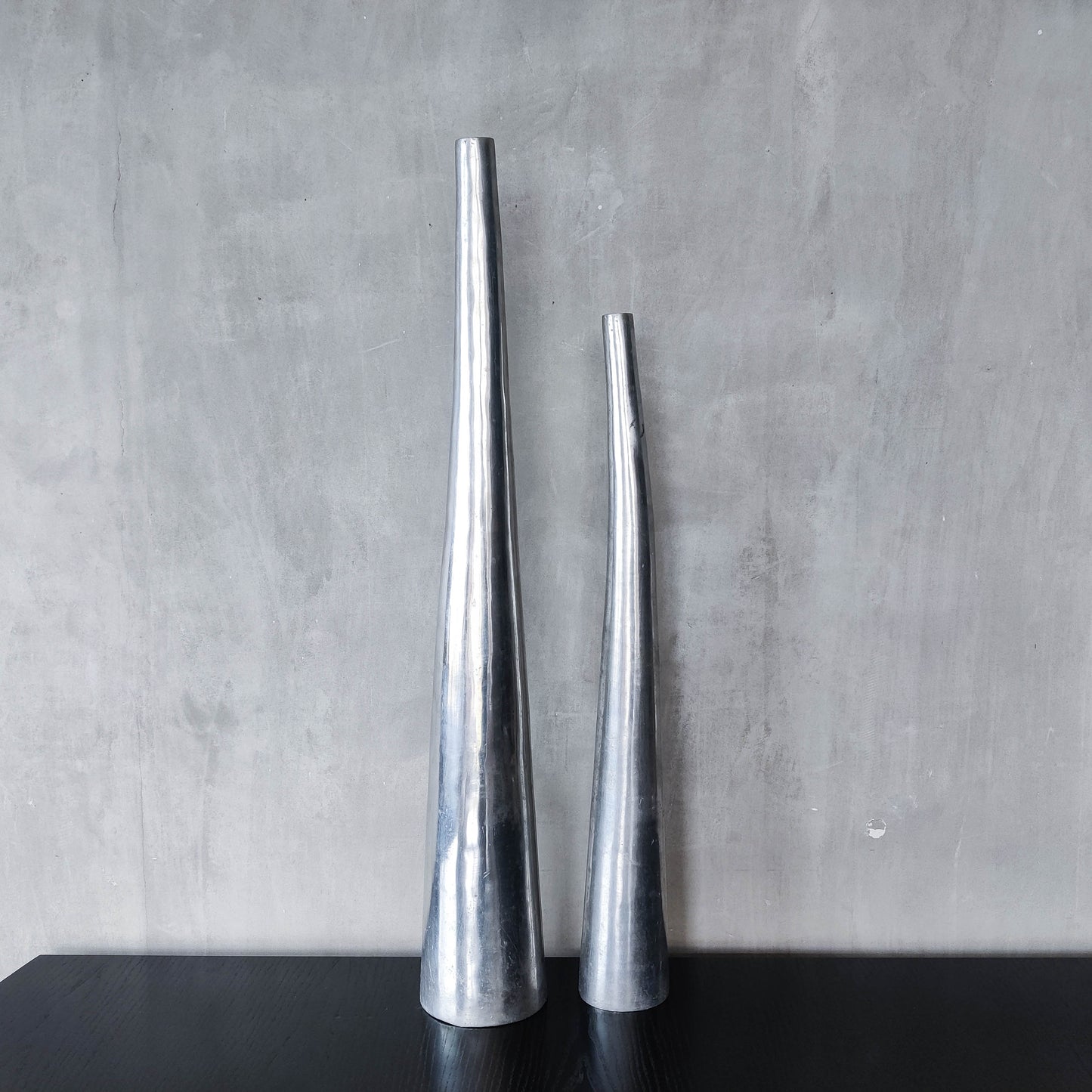 Vintage pair 90s modernist hand cast aluminium tapered organic form tall vases