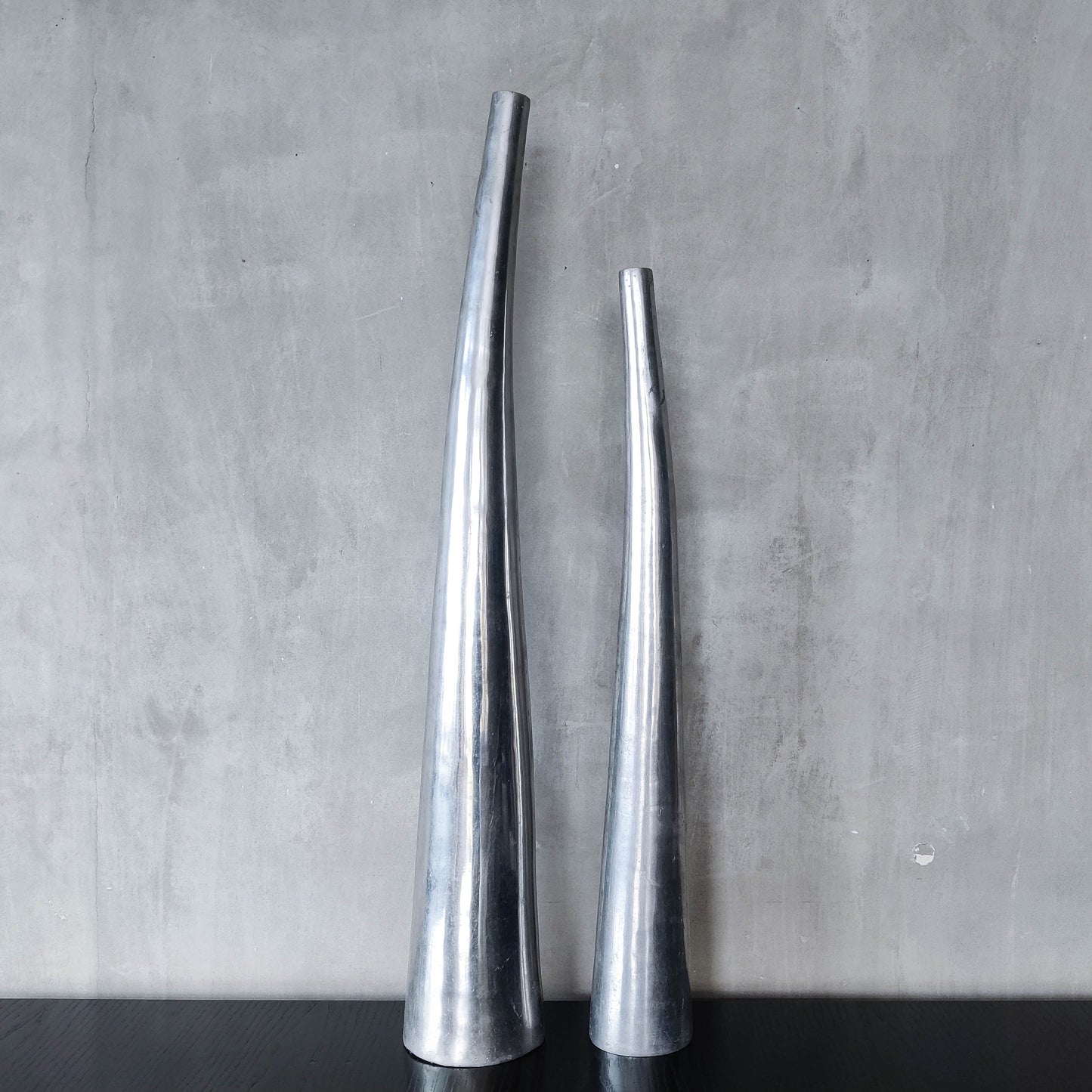 Vintage pair 90s modernist hand cast aluminium tapered organic form tall vases