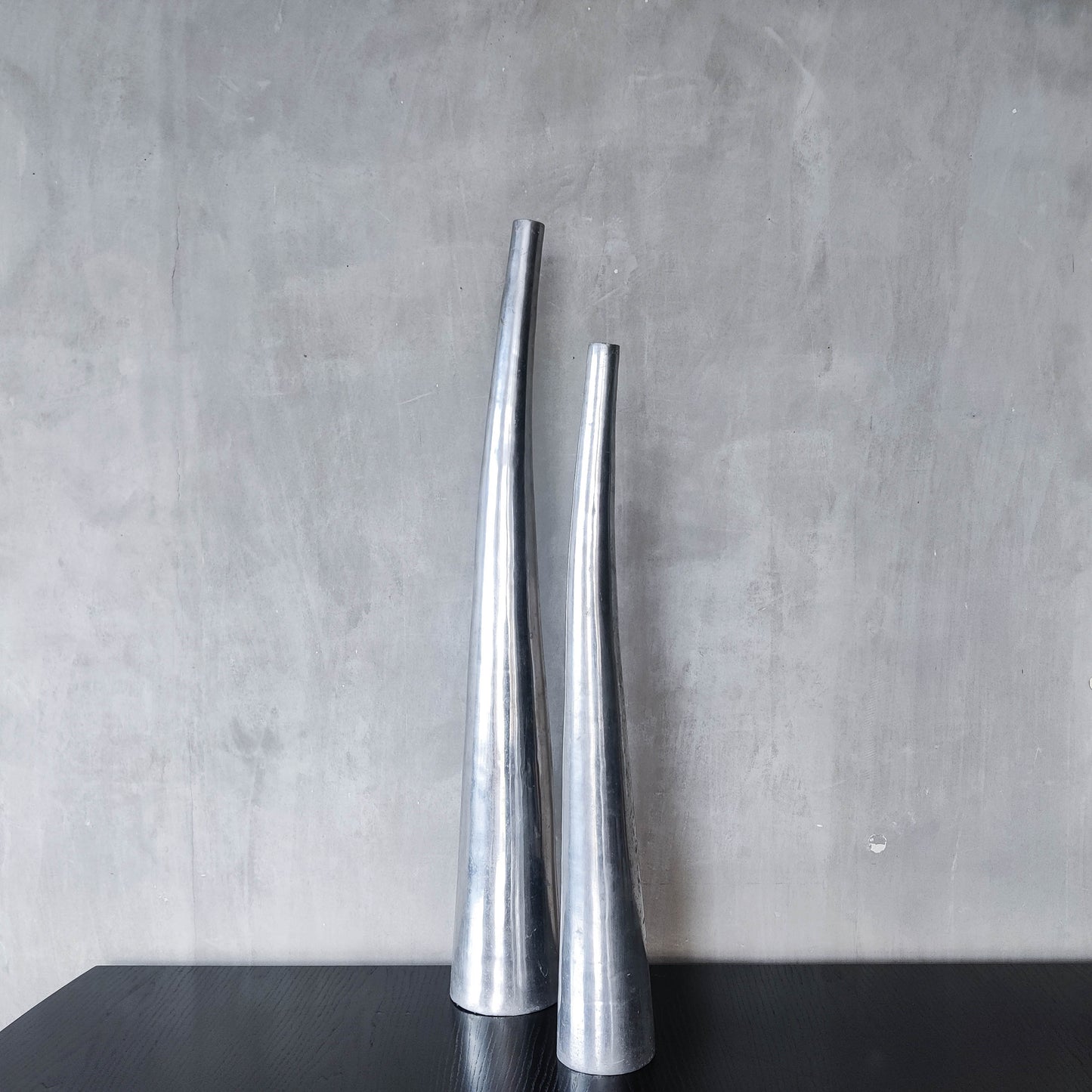 Vintage pair 90s modernist hand cast aluminium tapered organic form tall vases