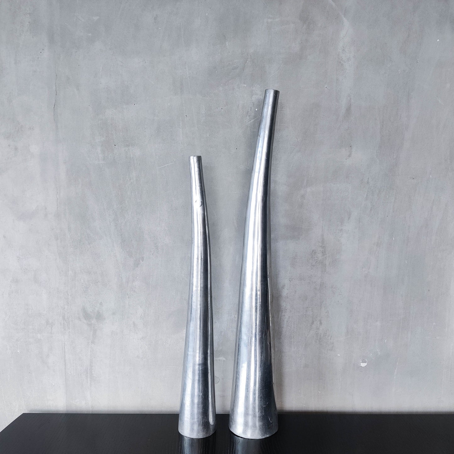 Vintage pair 90s modernist hand cast aluminium tapered organic form tall vases