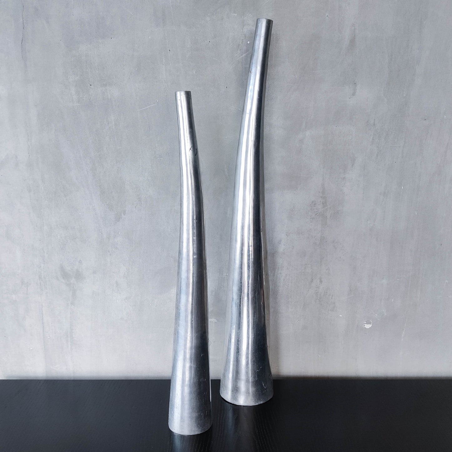 Vintage pair 90s modernist hand cast aluminium tapered organic form tall vases