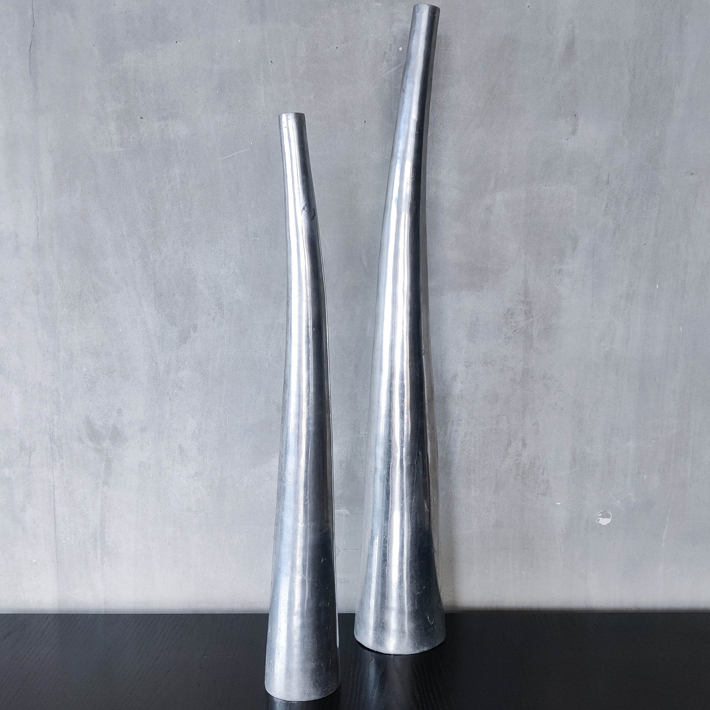 Vintage pair 90s modernist hand cast aluminium tapered organic form tall vases