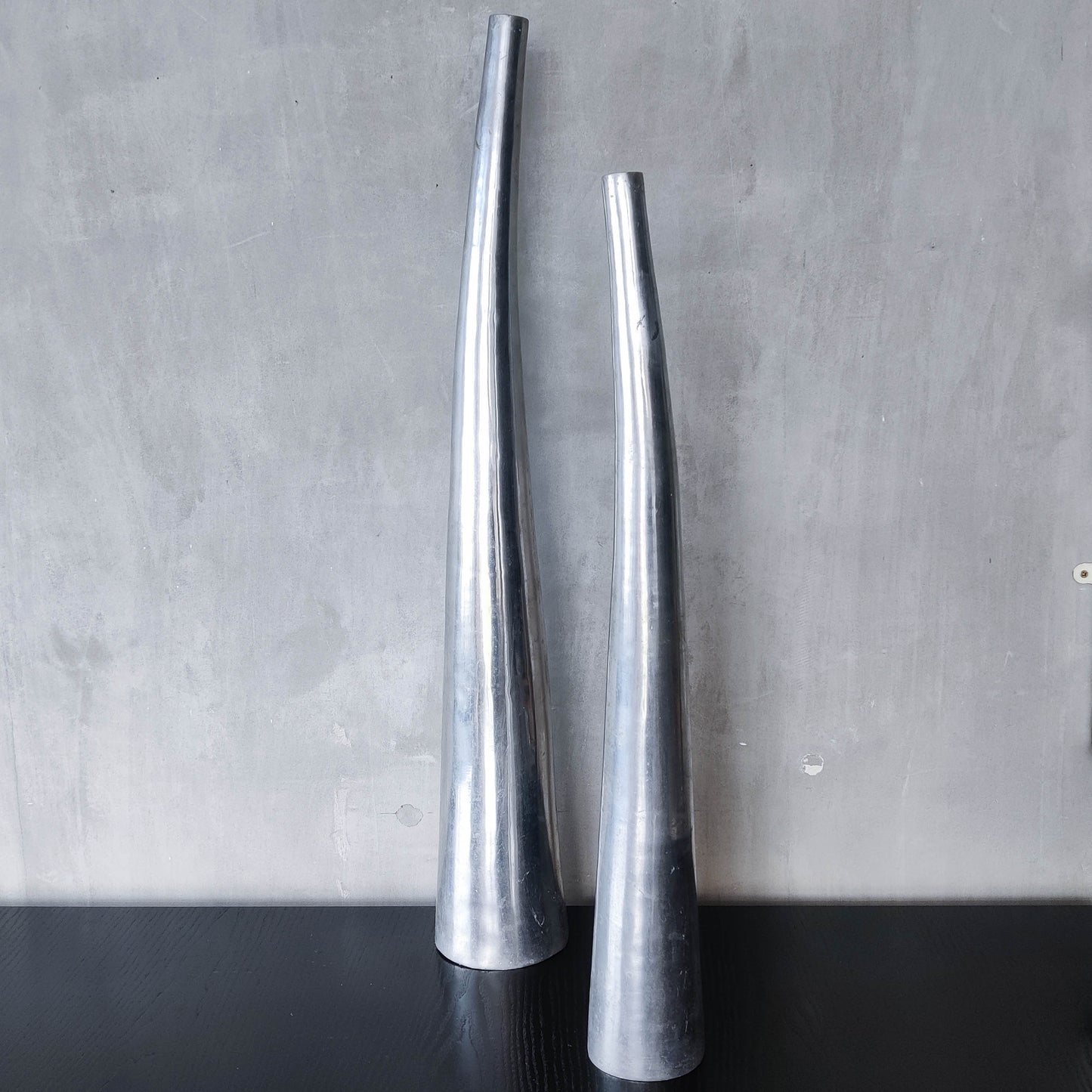 Vintage pair 90s modernist hand cast aluminium tapered organic form tall vases