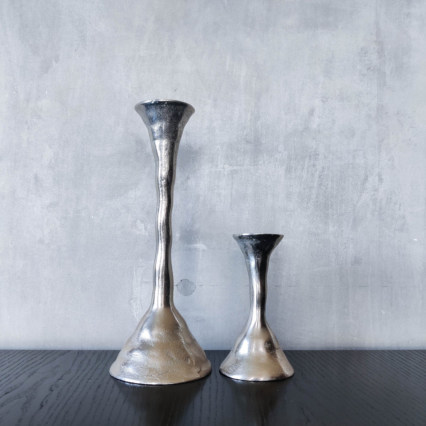 Cast pair aluminium vintage 00s brutalist style sculptural candle holders silver