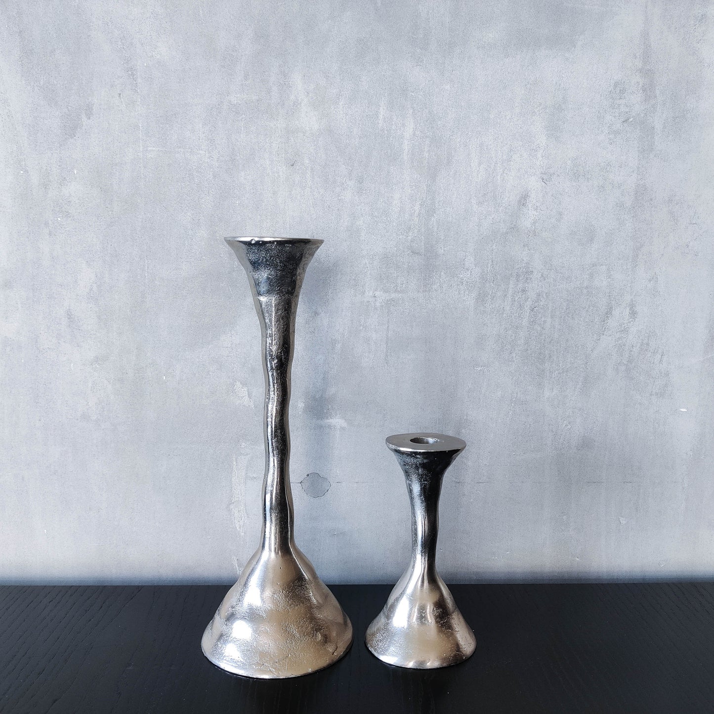 Cast pair aluminium vintage 00s brutalist style sculptural candle holders silver
