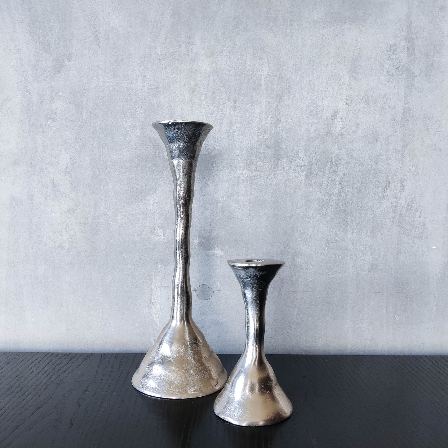 Cast pair aluminium vintage 00s brutalist style sculptural candle holders silver