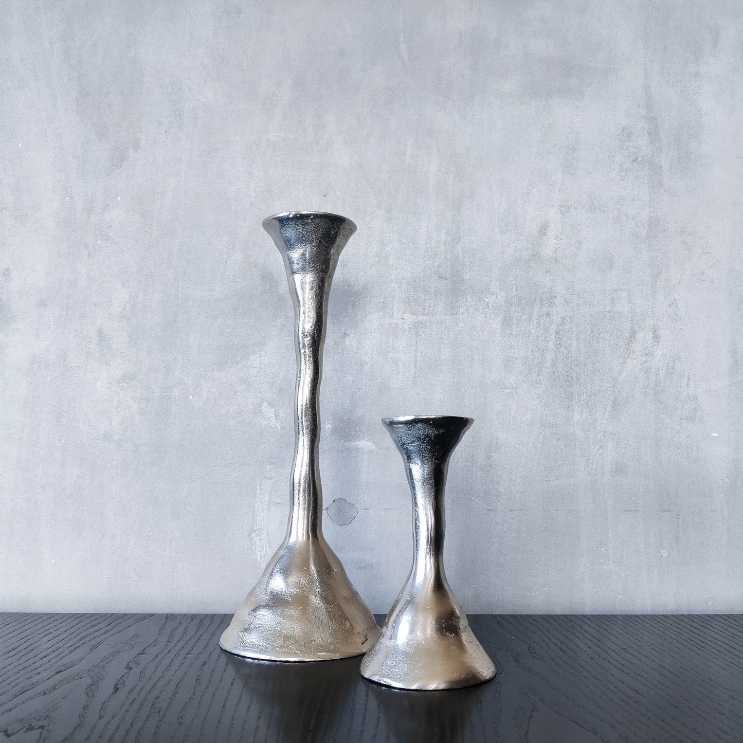 Cast pair aluminium vintage 00s brutalist style sculptural candle holders silver