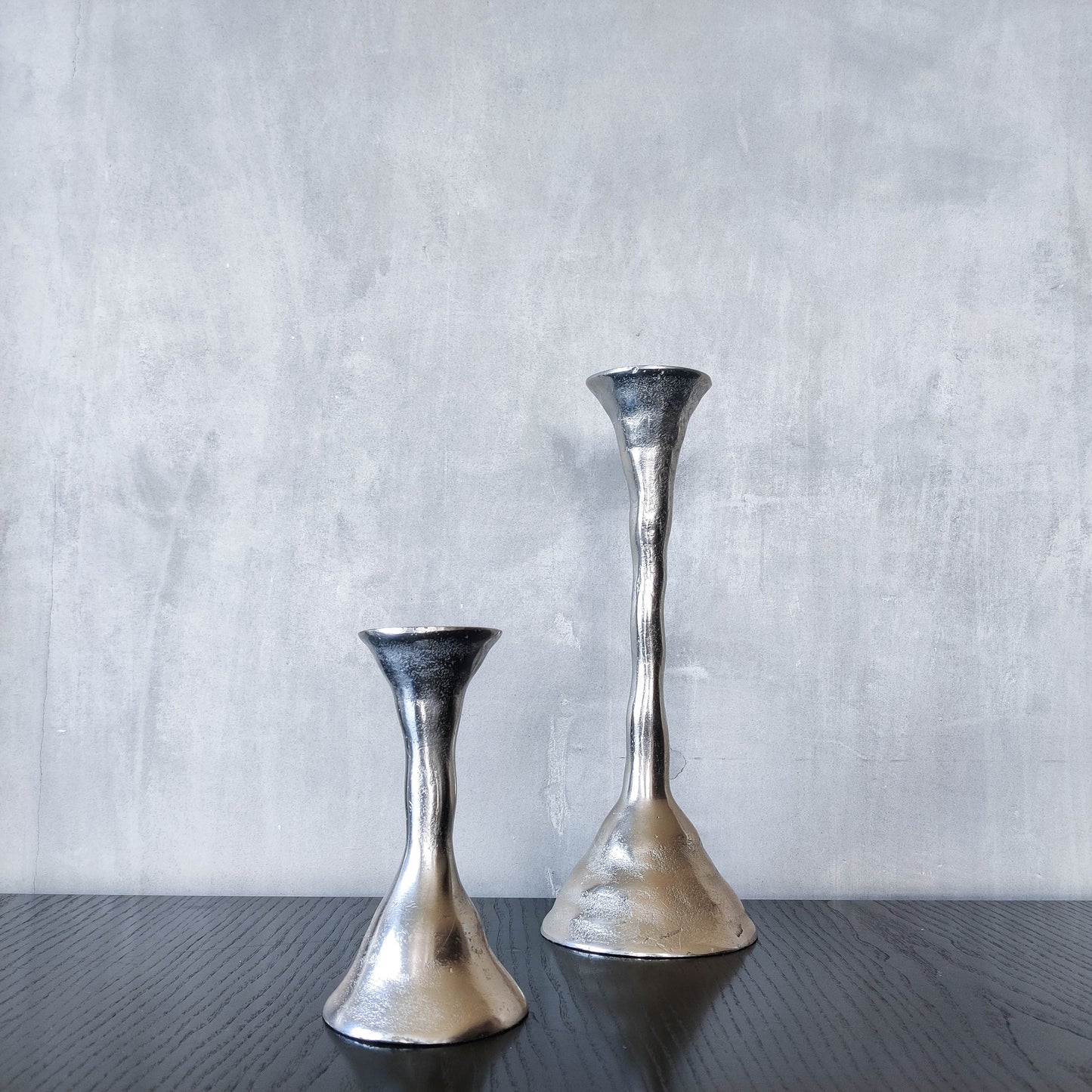 Cast pair aluminium vintage 00s brutalist style sculptural candle holders silver