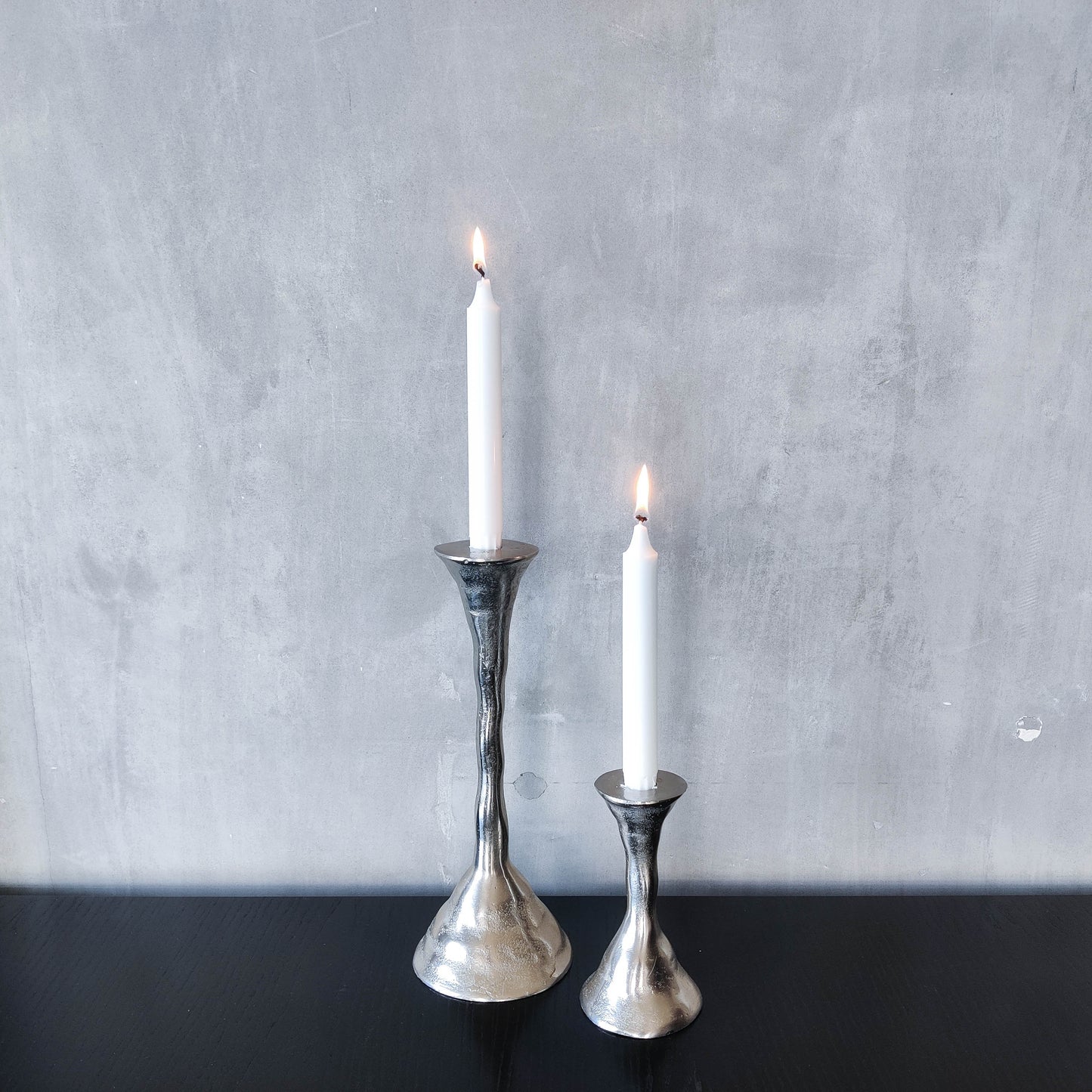 Cast pair aluminium vintage 00s brutalist style sculptural candle holders silver