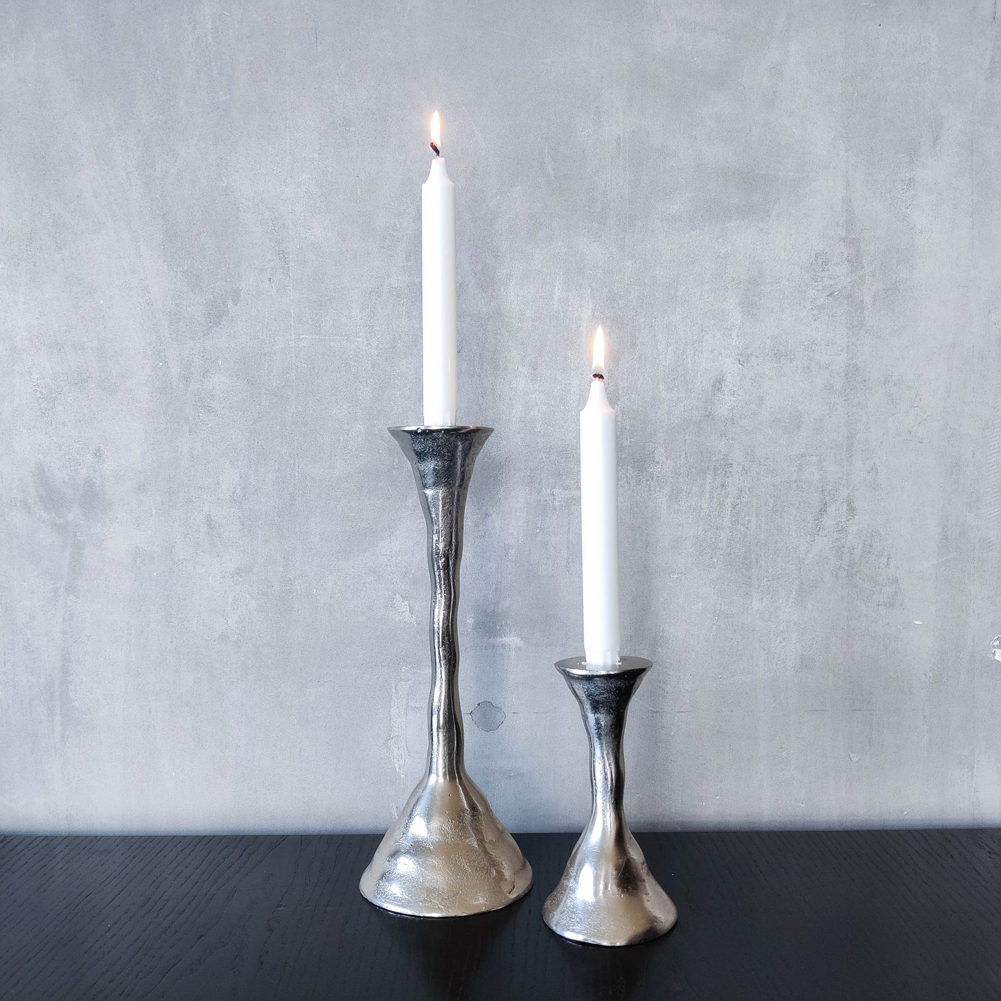 Cast pair aluminium vintage 00s brutalist style sculptural candle holders silver