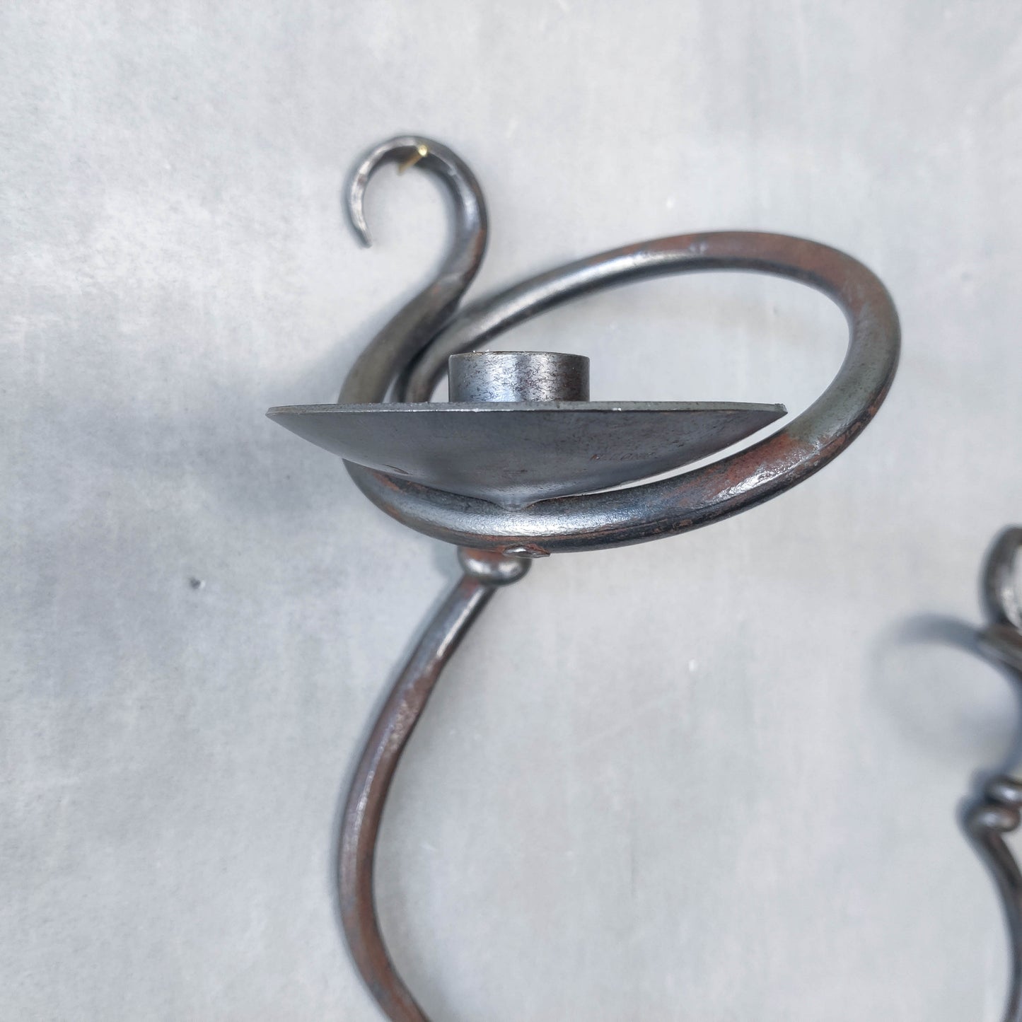 Pair of vintage hand forged blacksmith made hammered twisted steel candle sconces