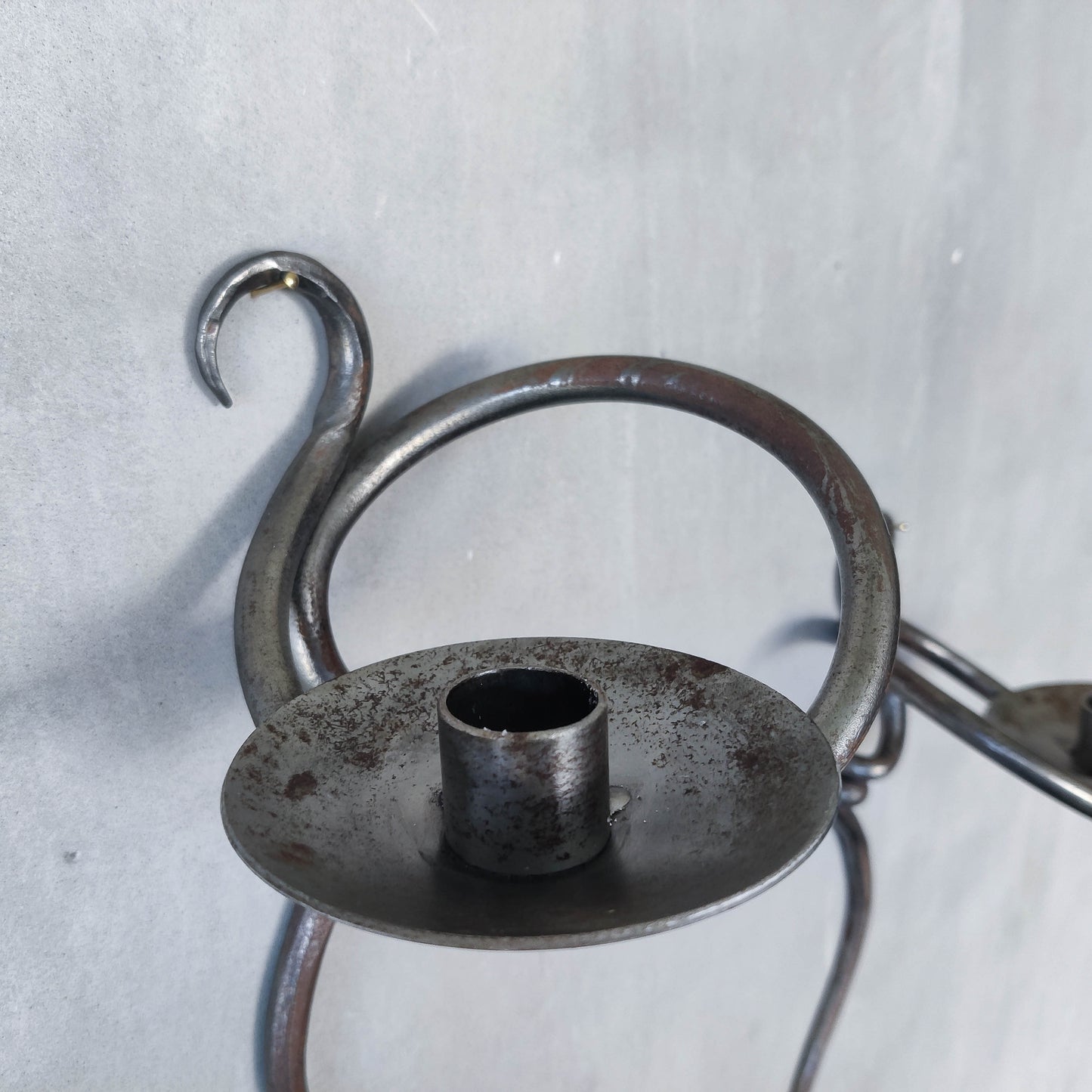 Pair of vintage hand forged blacksmith made hammered twisted steel candle sconces