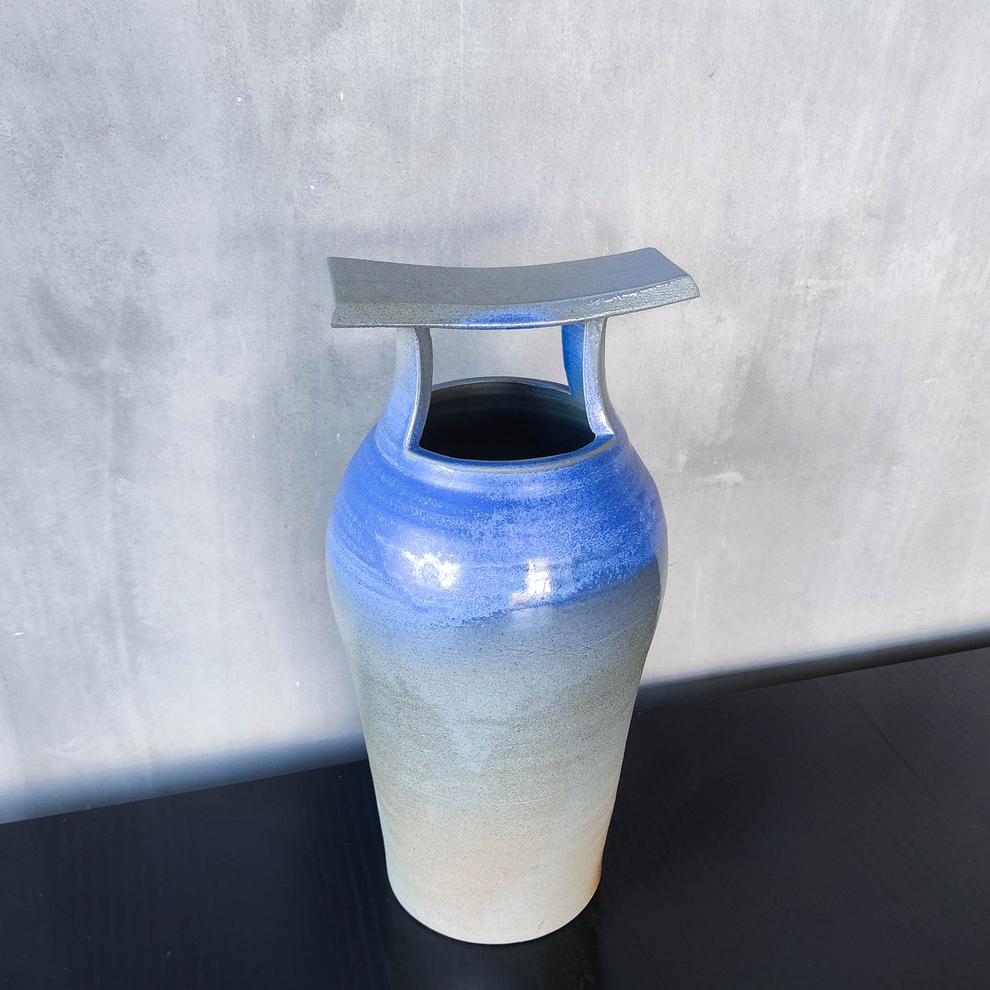 Large sculptural Japanese style studio pottery vase vessel blue glaze