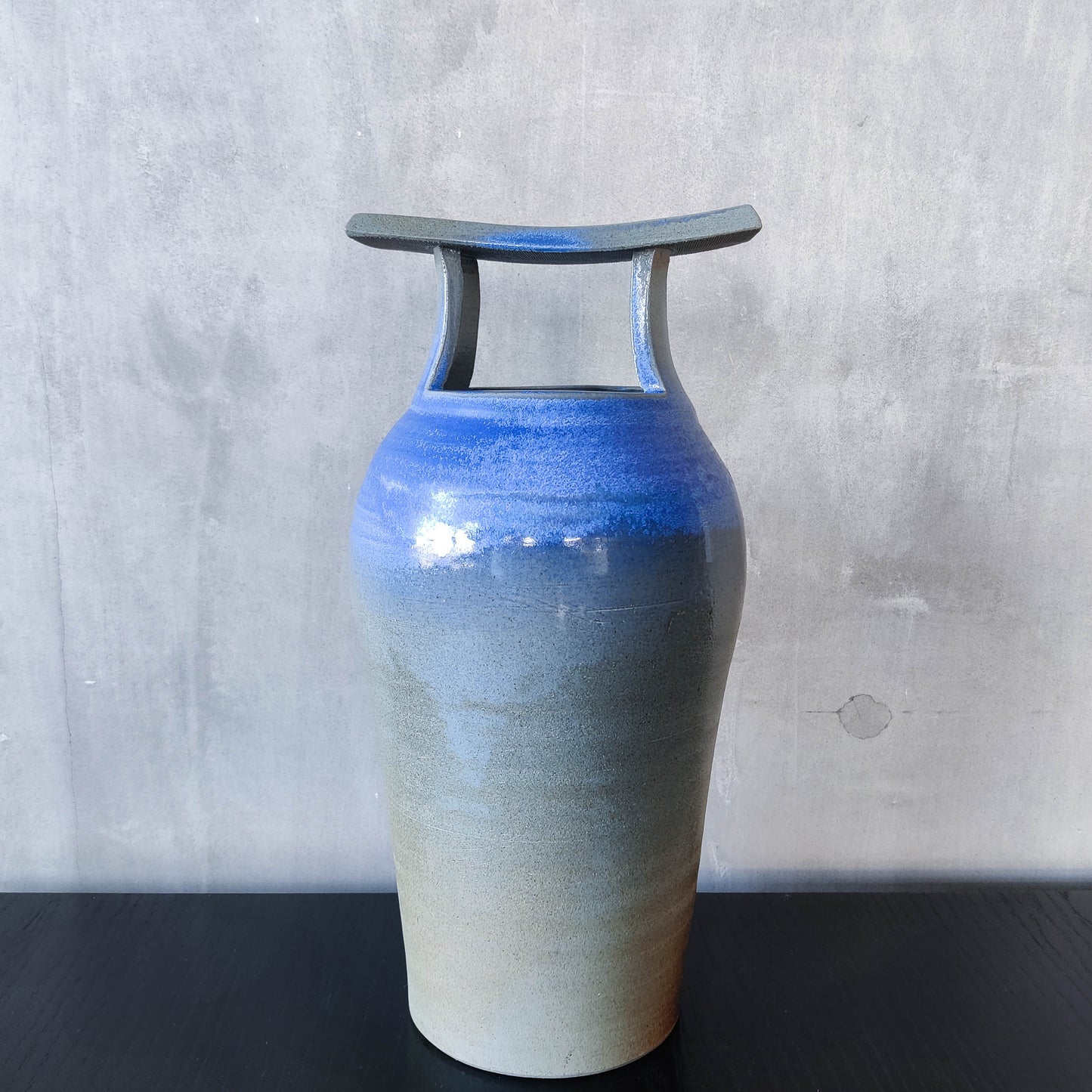 Large sculptural Japanese style studio pottery vase vessel blue glaze