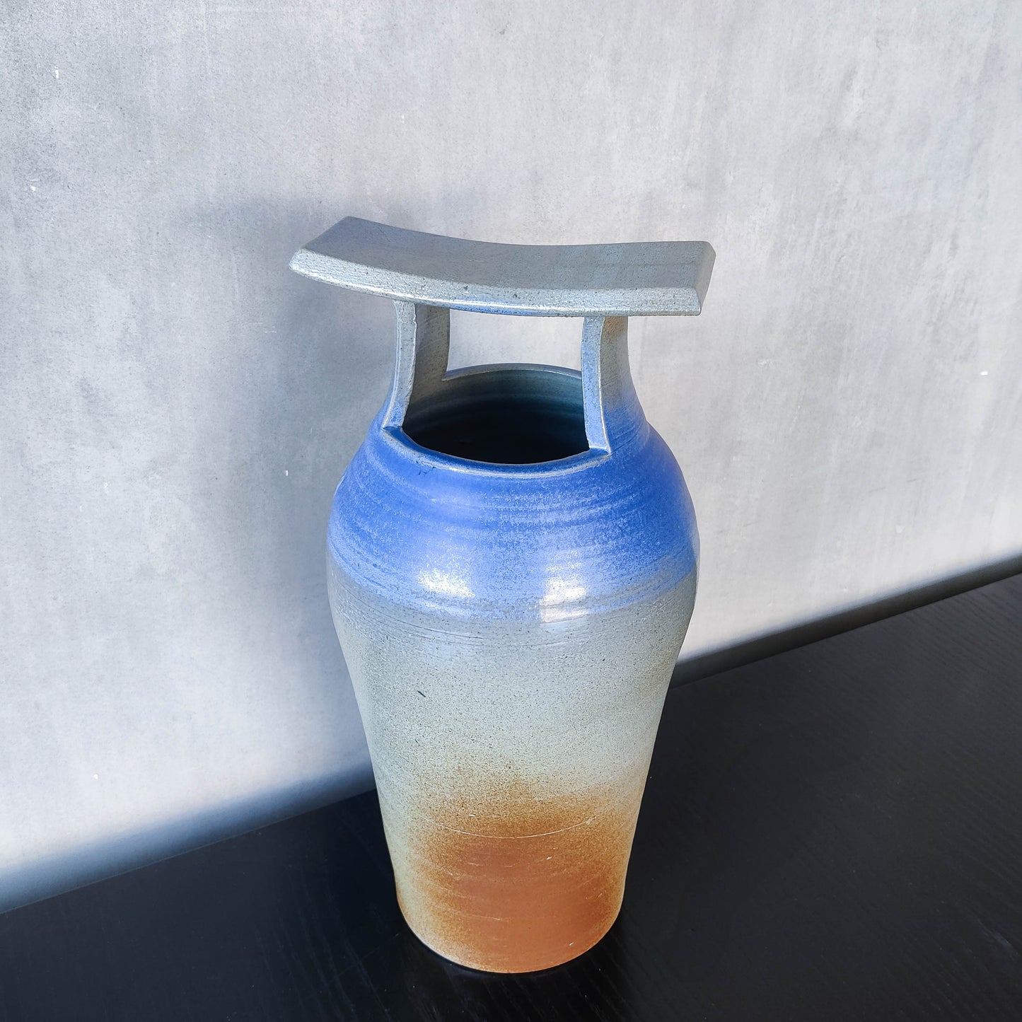 Large sculptural Japanese style studio pottery vase vessel blue glaze