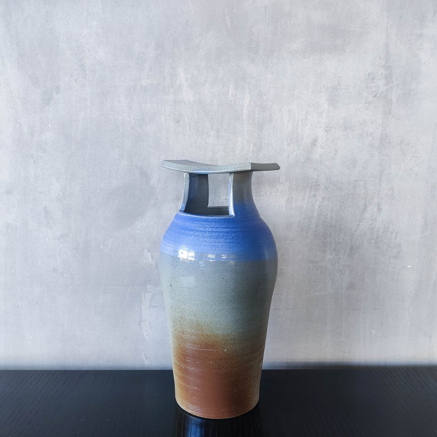 Large sculptural Japanese style studio pottery vase vessel blue glaze