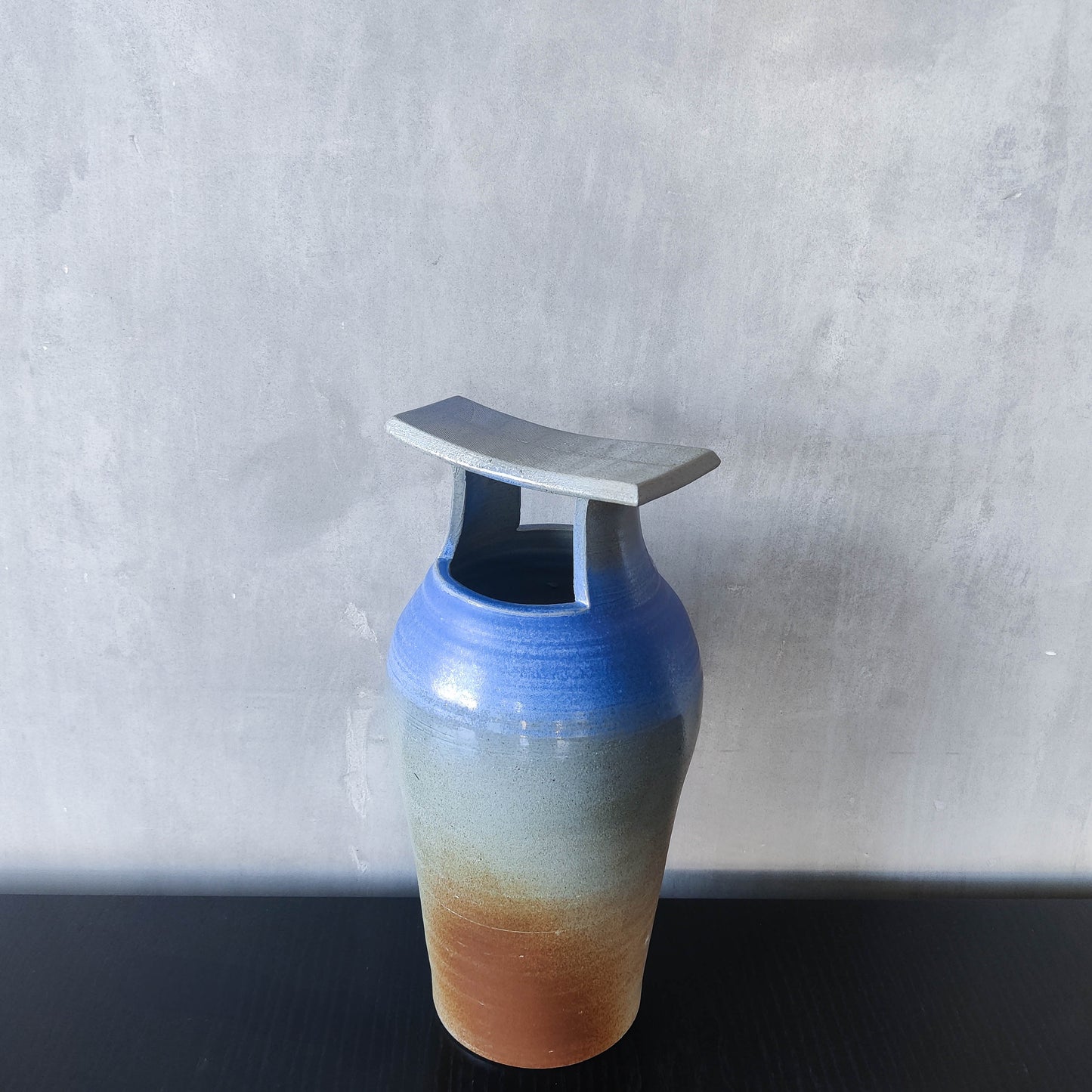 Large sculptural Japanese style studio pottery vase vessel blue glaze