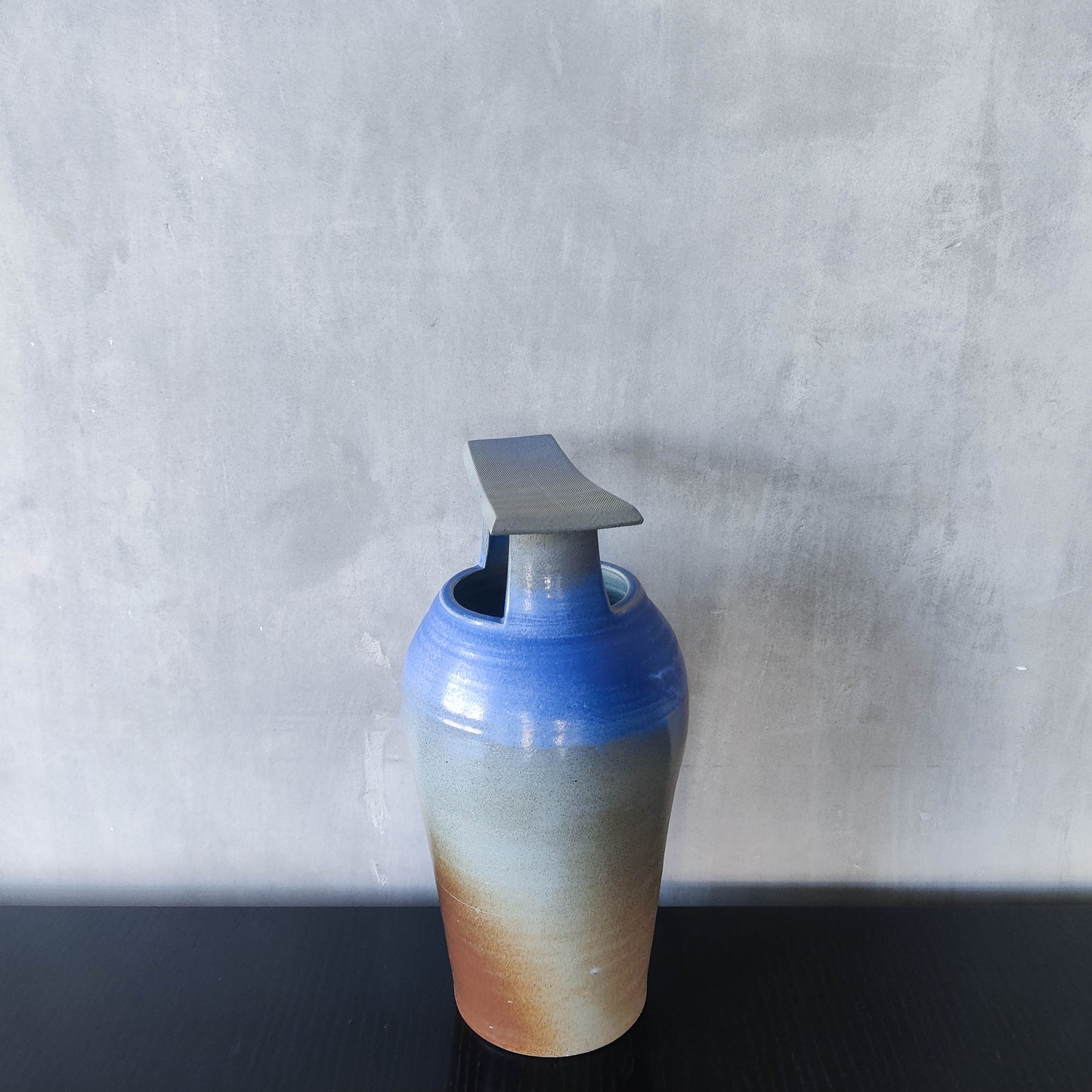 Large sculptural Japanese style studio pottery vase vessel blue glaze