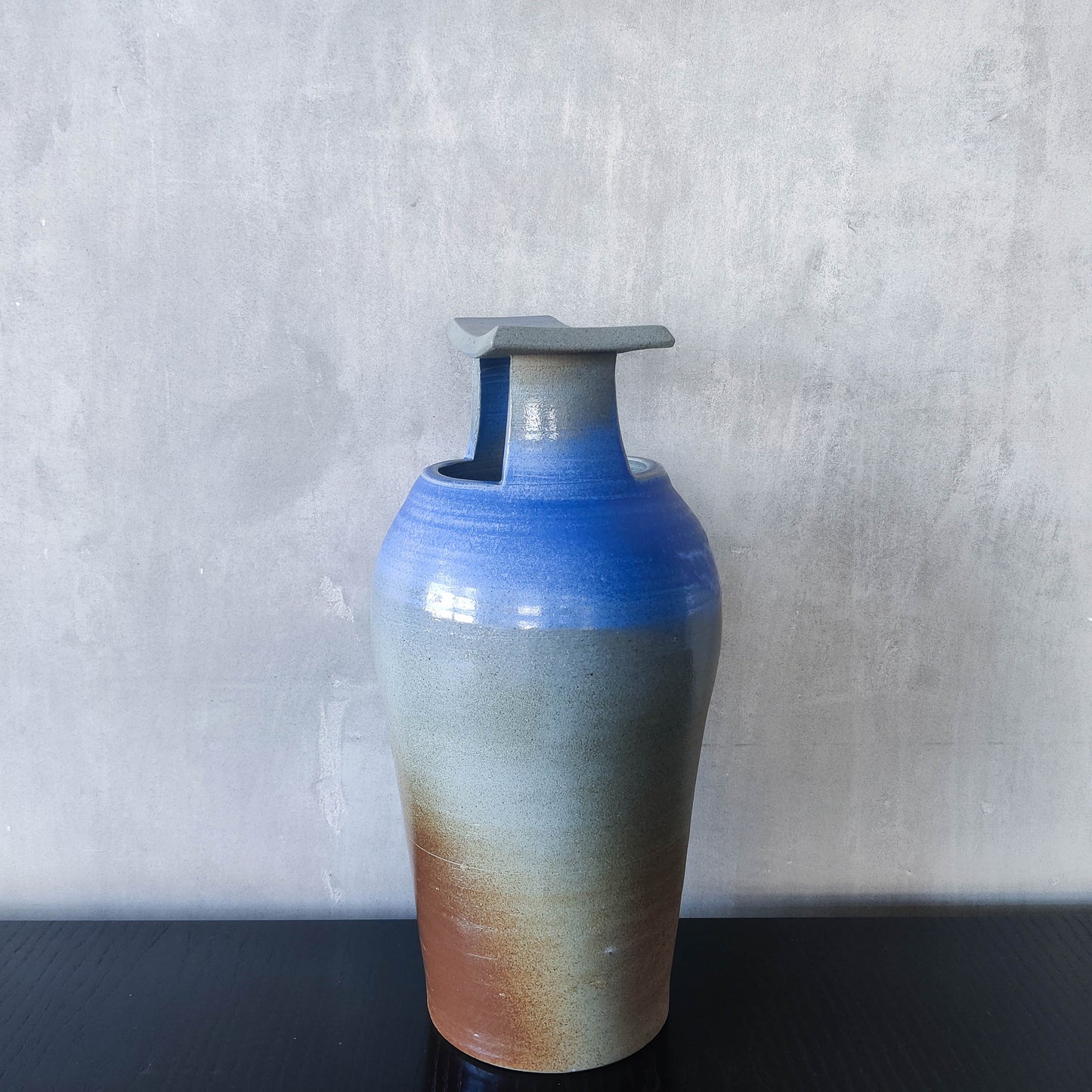 Large sculptural Japanese style studio pottery vase vessel blue glaze