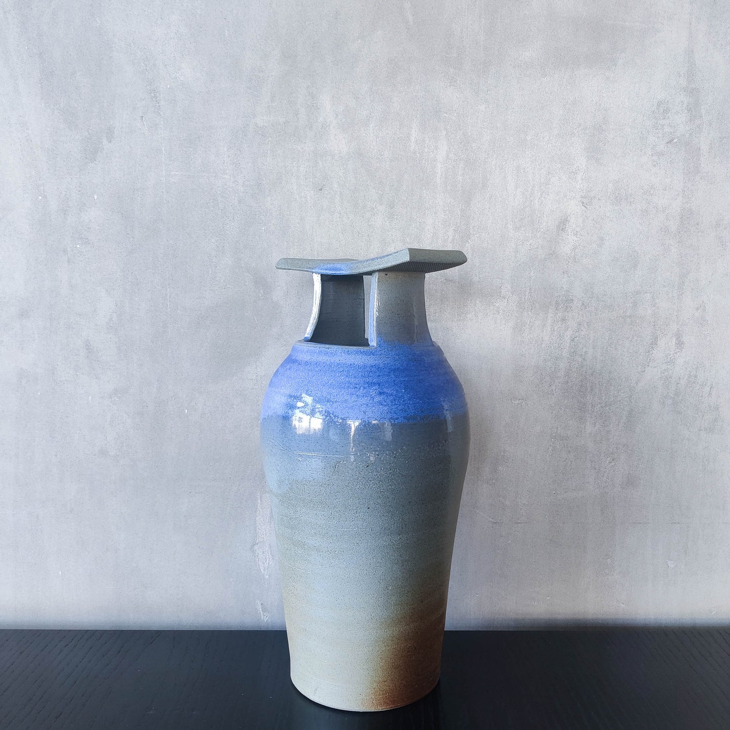 Large sculptural Japanese style studio pottery vase vessel blue glaze