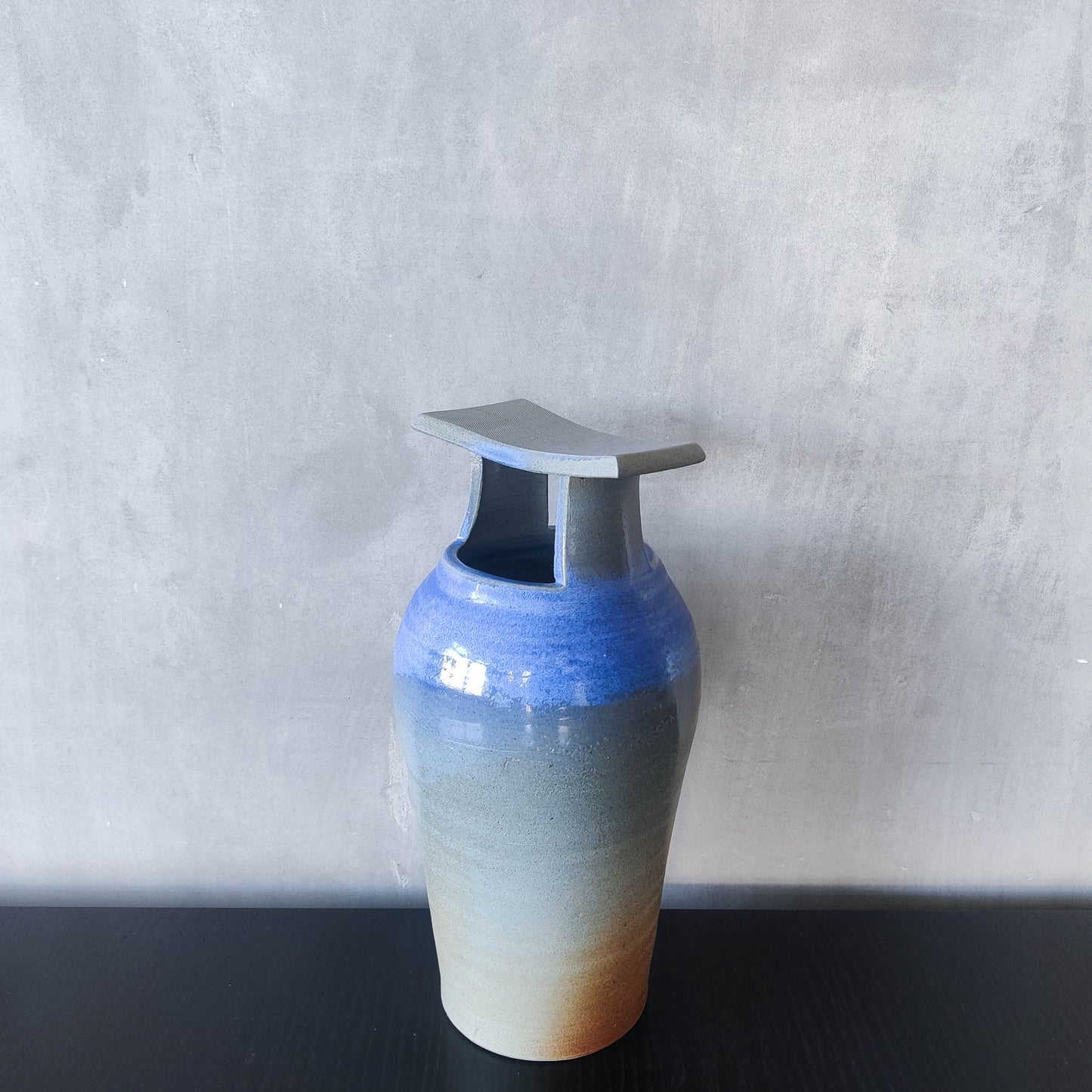 Large sculptural Japanese style studio pottery vase vessel blue glaze