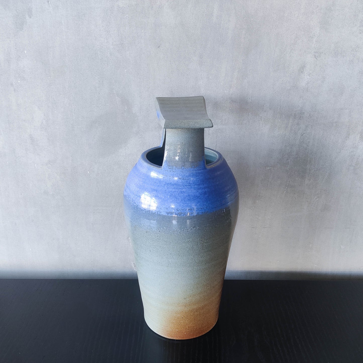 Large sculptural Japanese style studio pottery vase vessel blue glaze