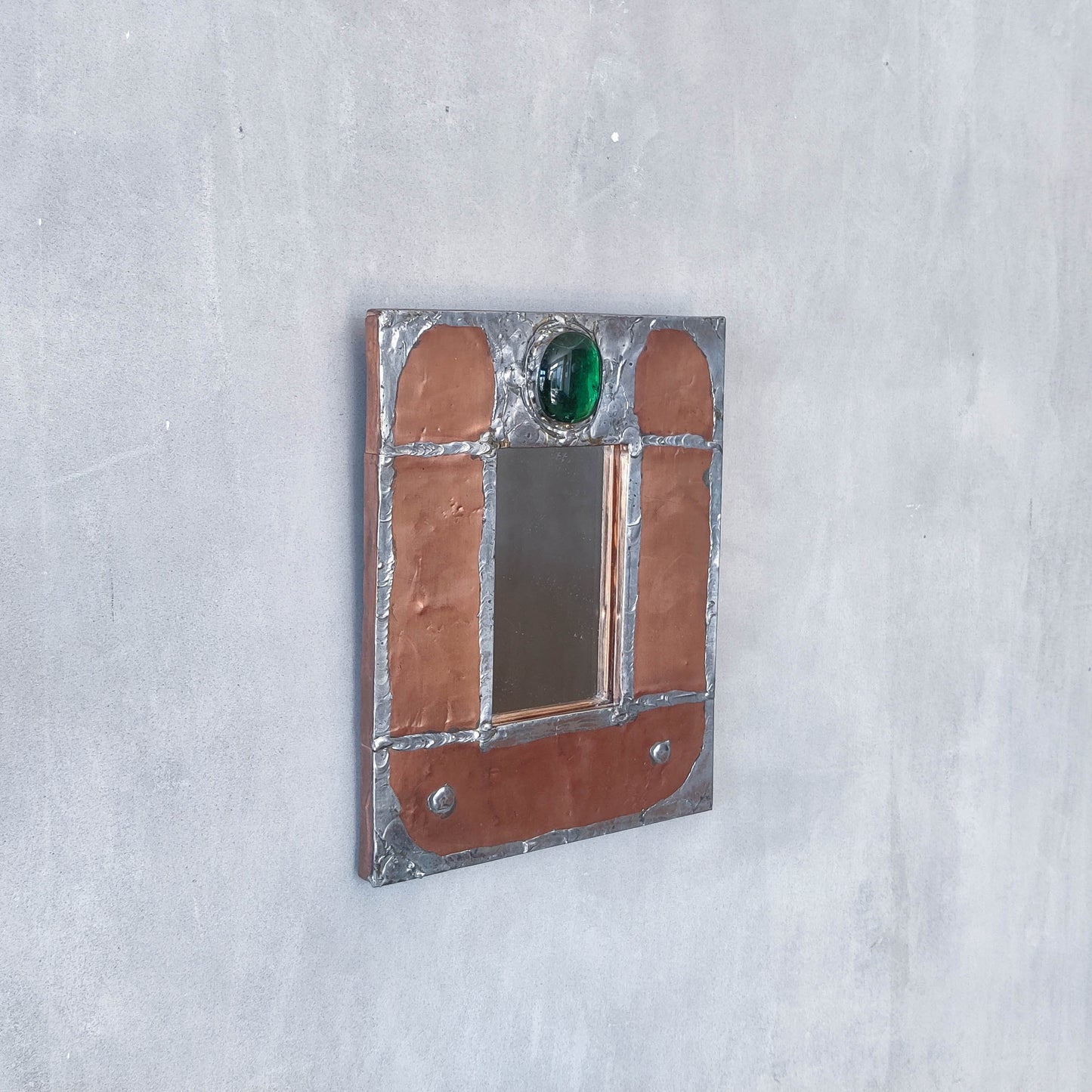 Vintage Arts & Crafts style metalwork welded copper mirror with Ruskin cabochon