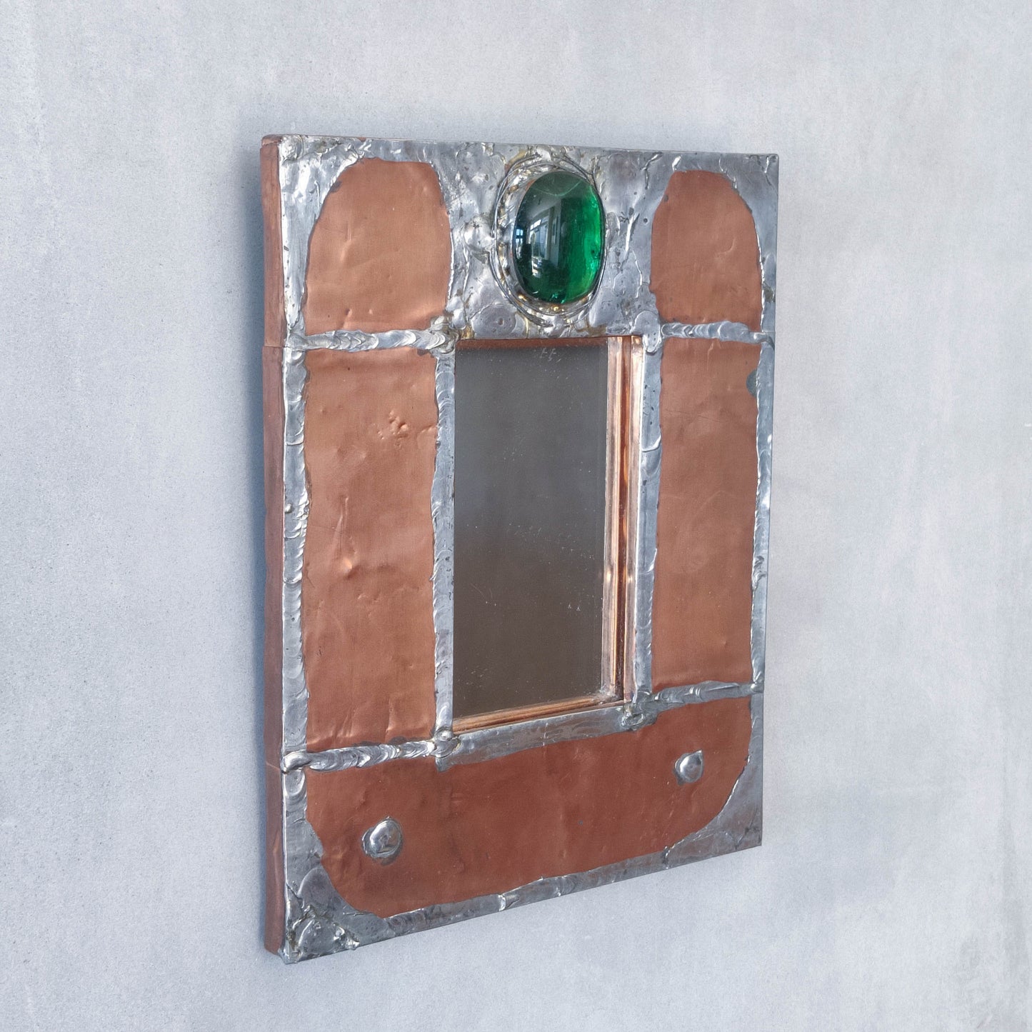 Vintage Arts & Crafts style metalwork welded copper mirror with Ruskin cabochon