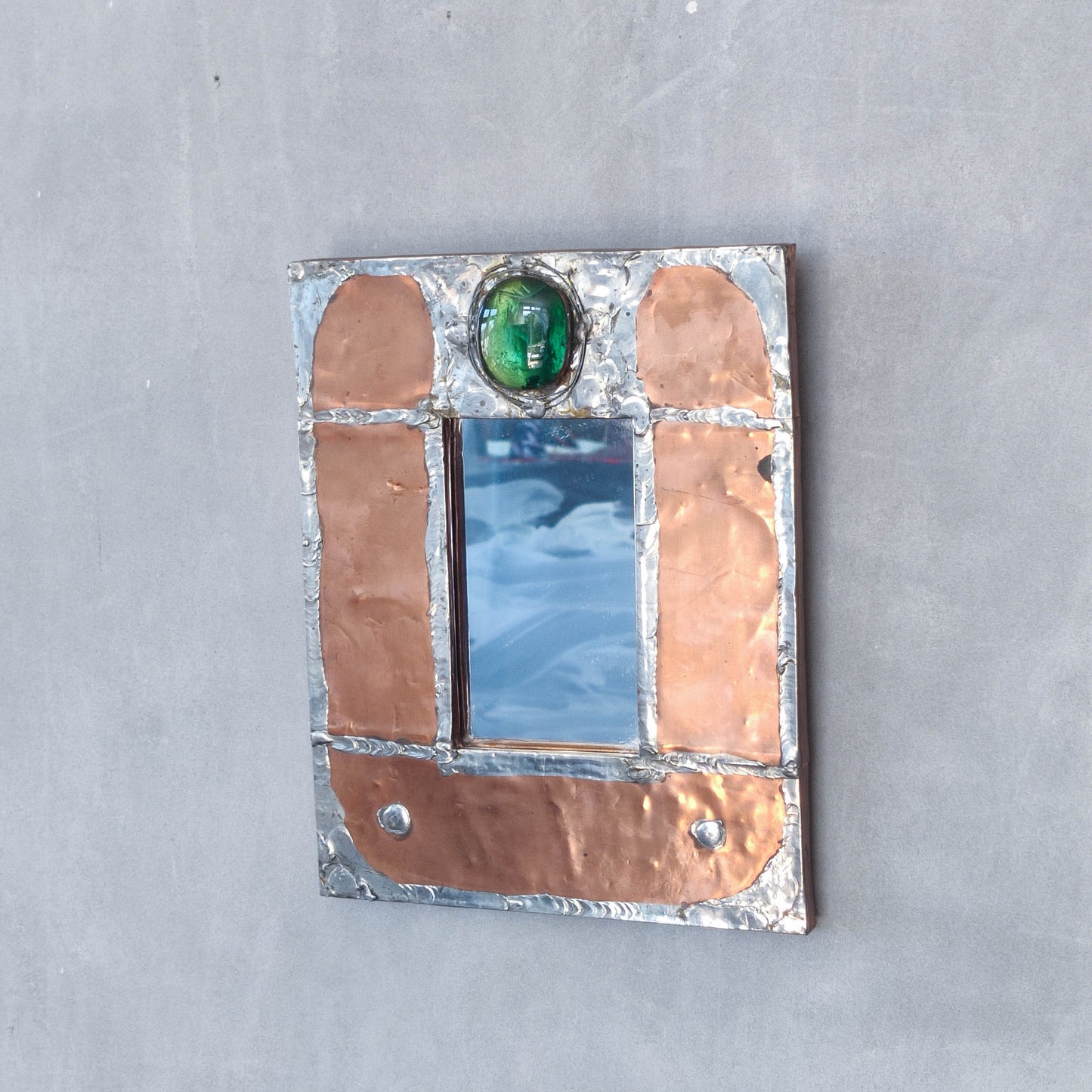 Vintage Arts & Crafts style metalwork welded copper mirror with Ruskin cabochon