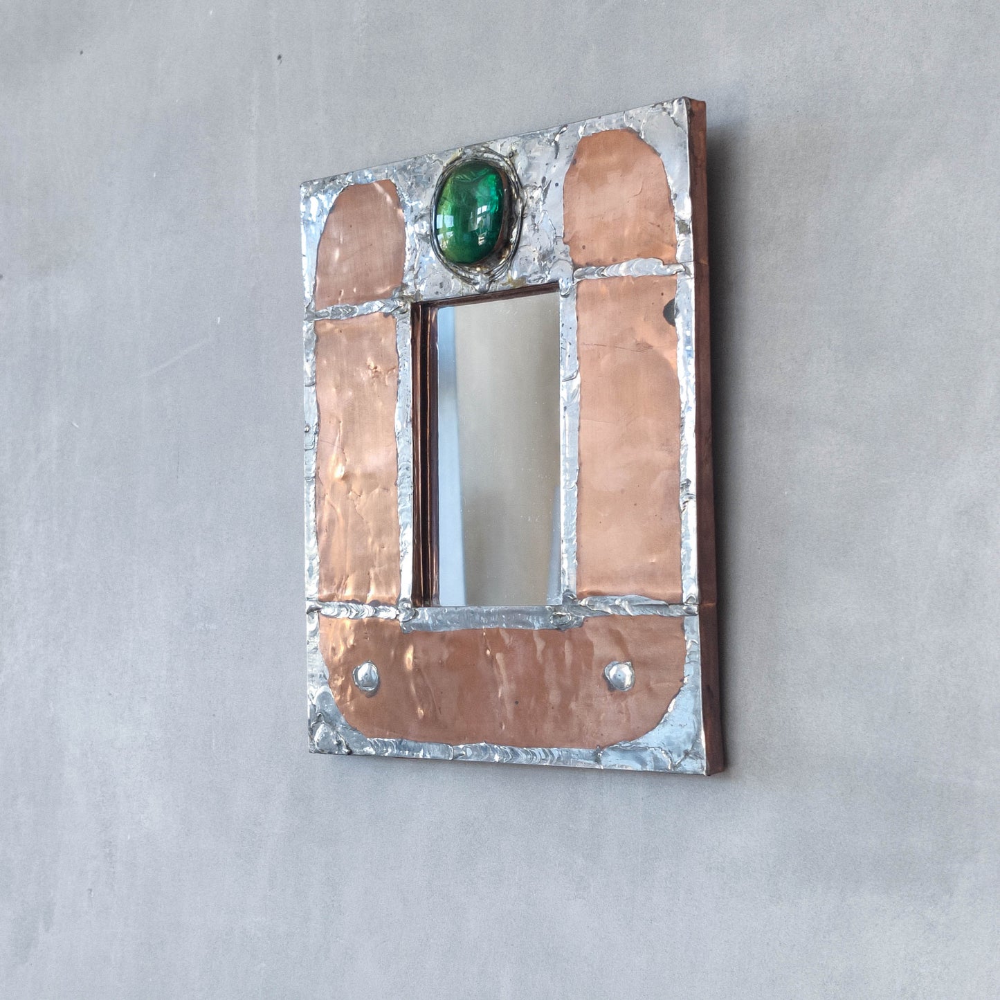 Vintage Arts & Crafts style metalwork welded copper mirror with Ruskin cabochon