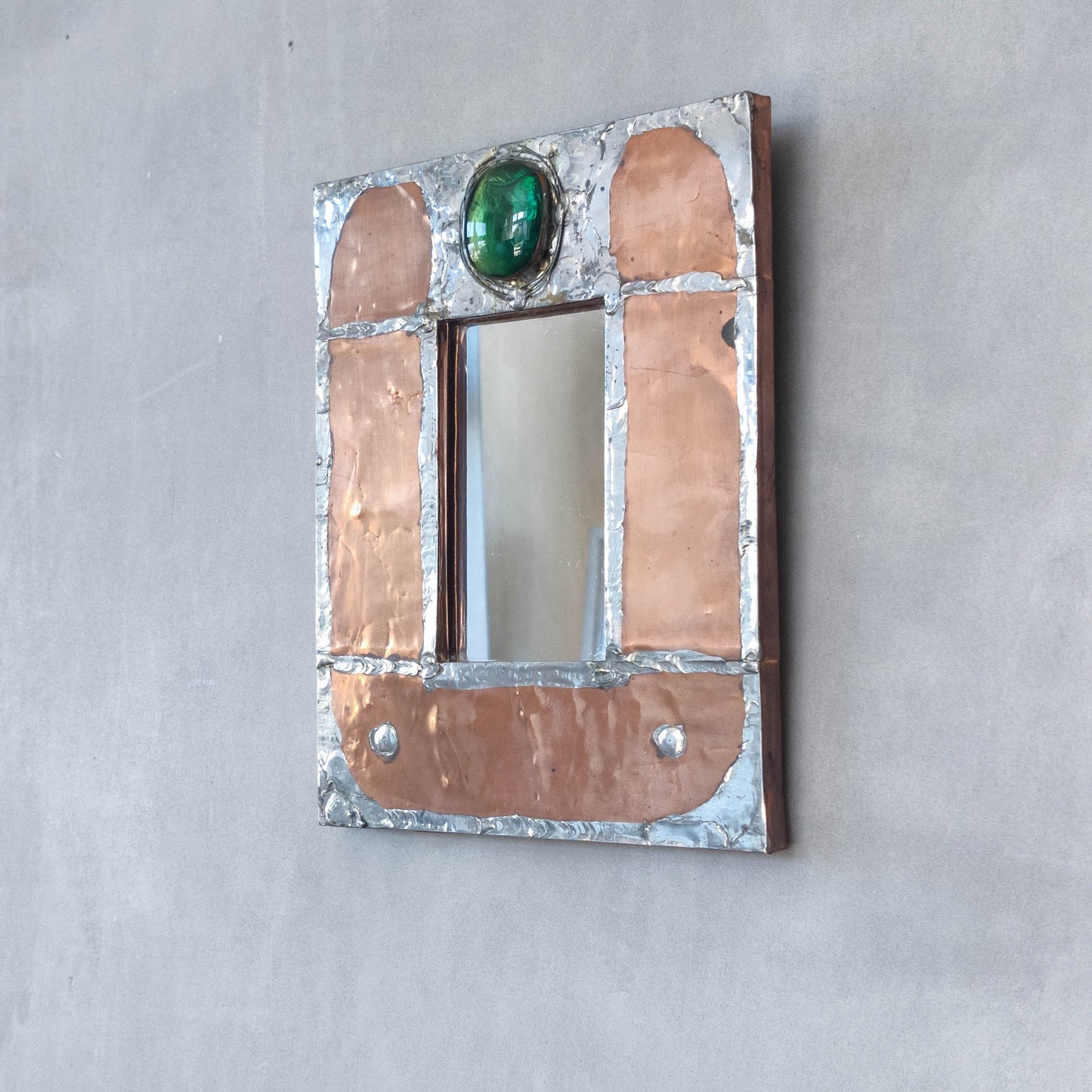 Vintage Arts & Crafts style metalwork welded copper mirror with Ruskin cabochon