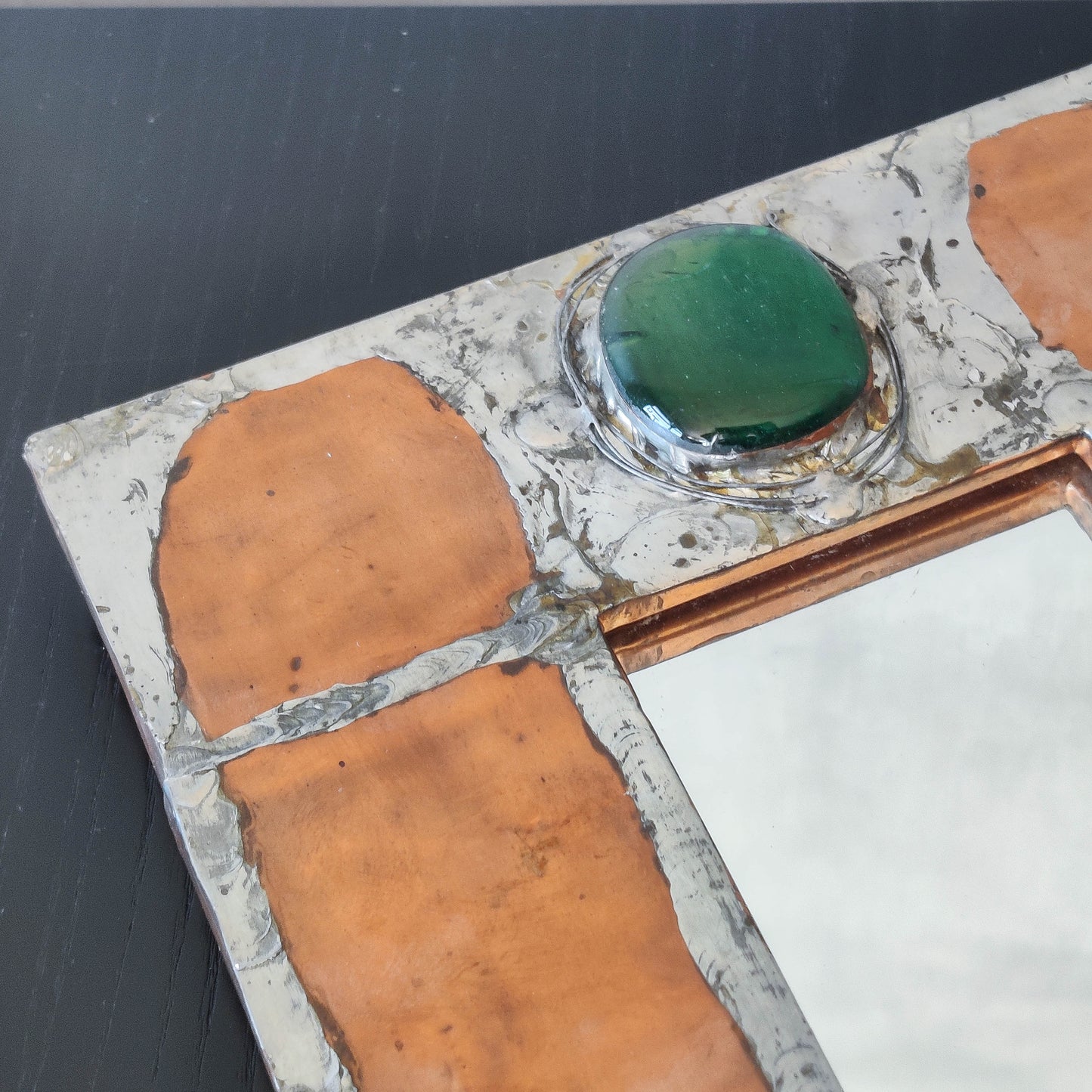 Vintage Arts & Crafts style metalwork welded copper mirror with Ruskin cabochon